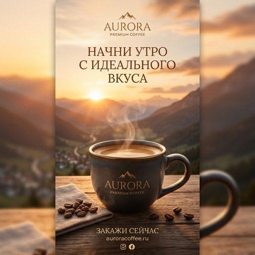 Реклама премиум кофе: бренд на фоне рассвета, четкий рендеринг чашки, пар, теплые тона для соцсетей