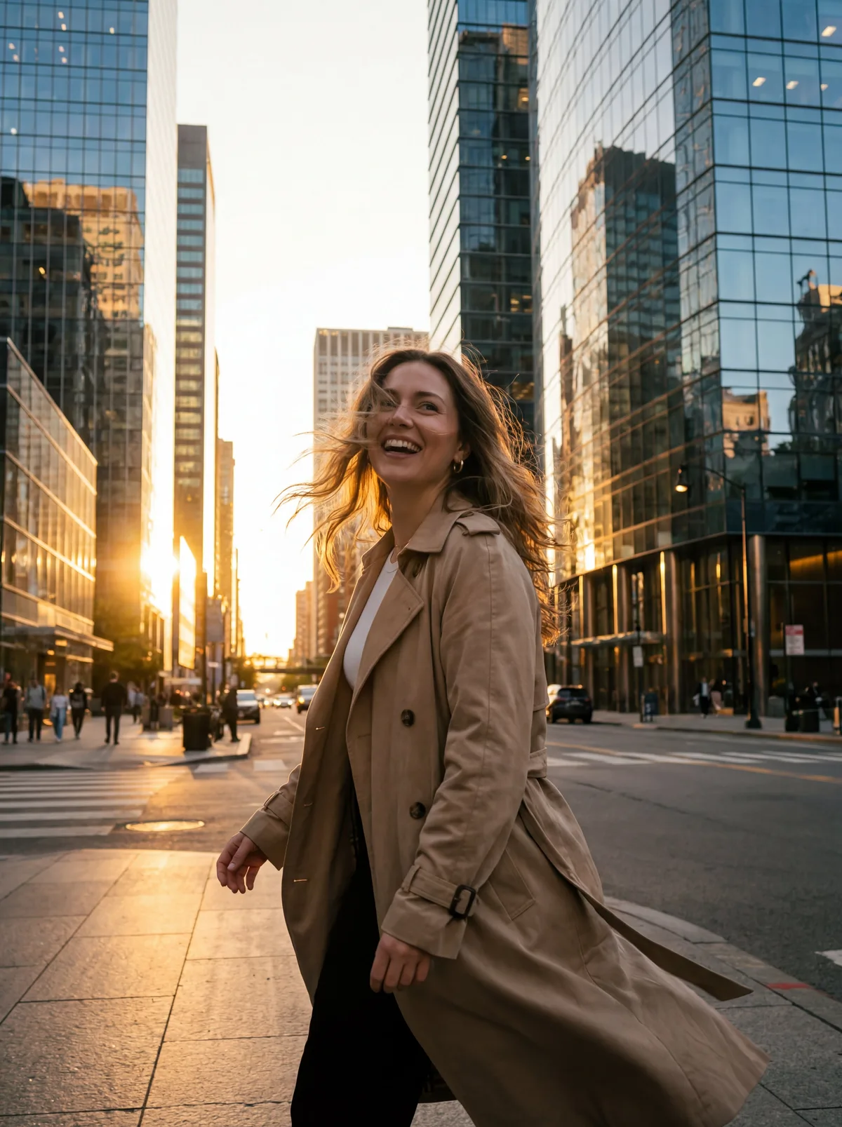 Девушка на улице мегаполиса на закате