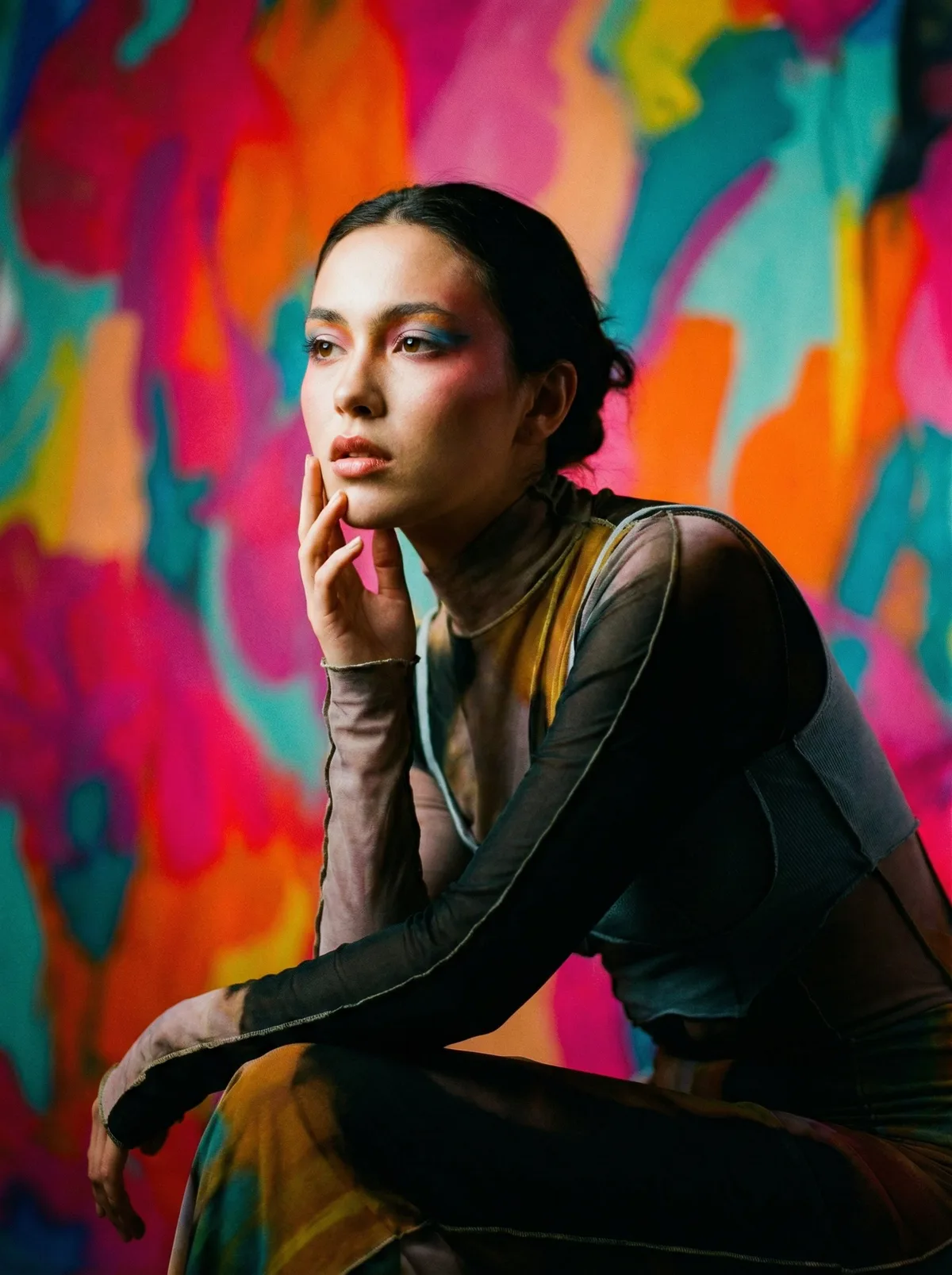 Модель в студии с яркими цветами фона