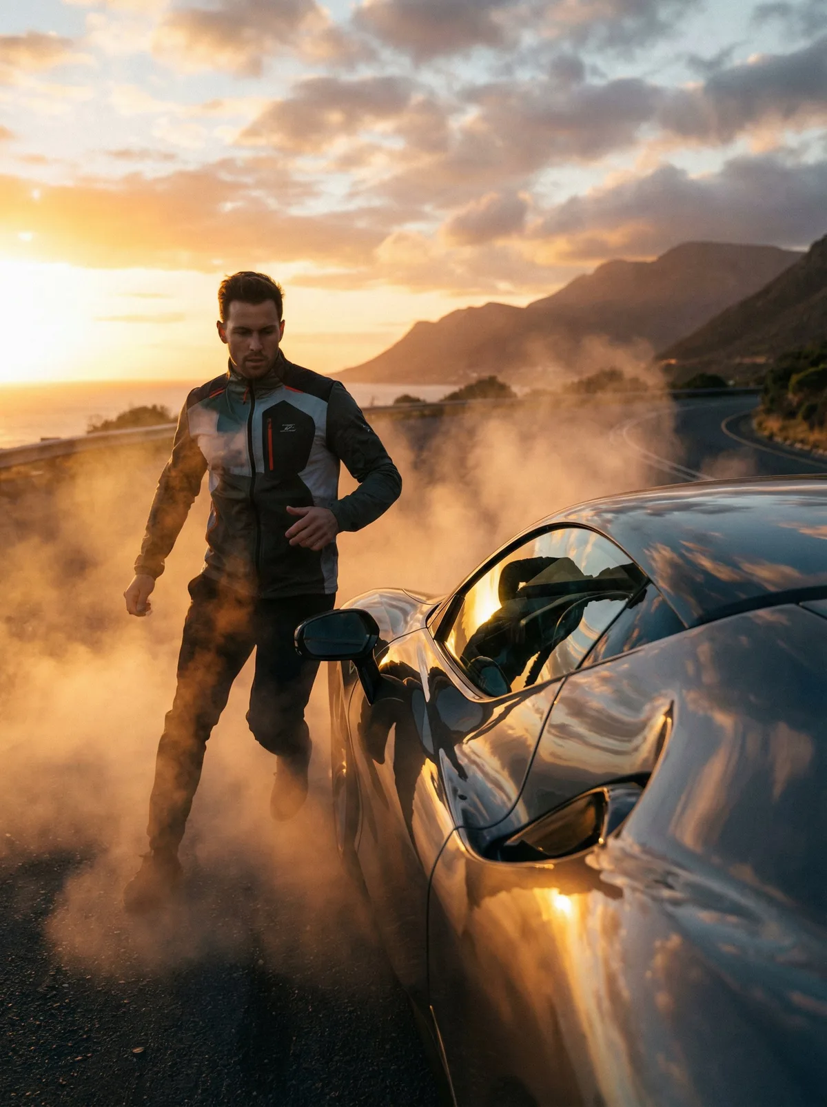 Мужчина в спортивной куртке стоит рядом с суперкаром на закате