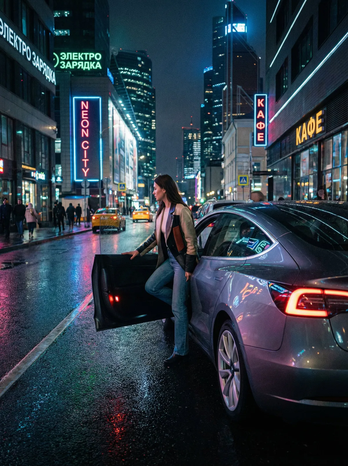 Девушка садится в электромобиль