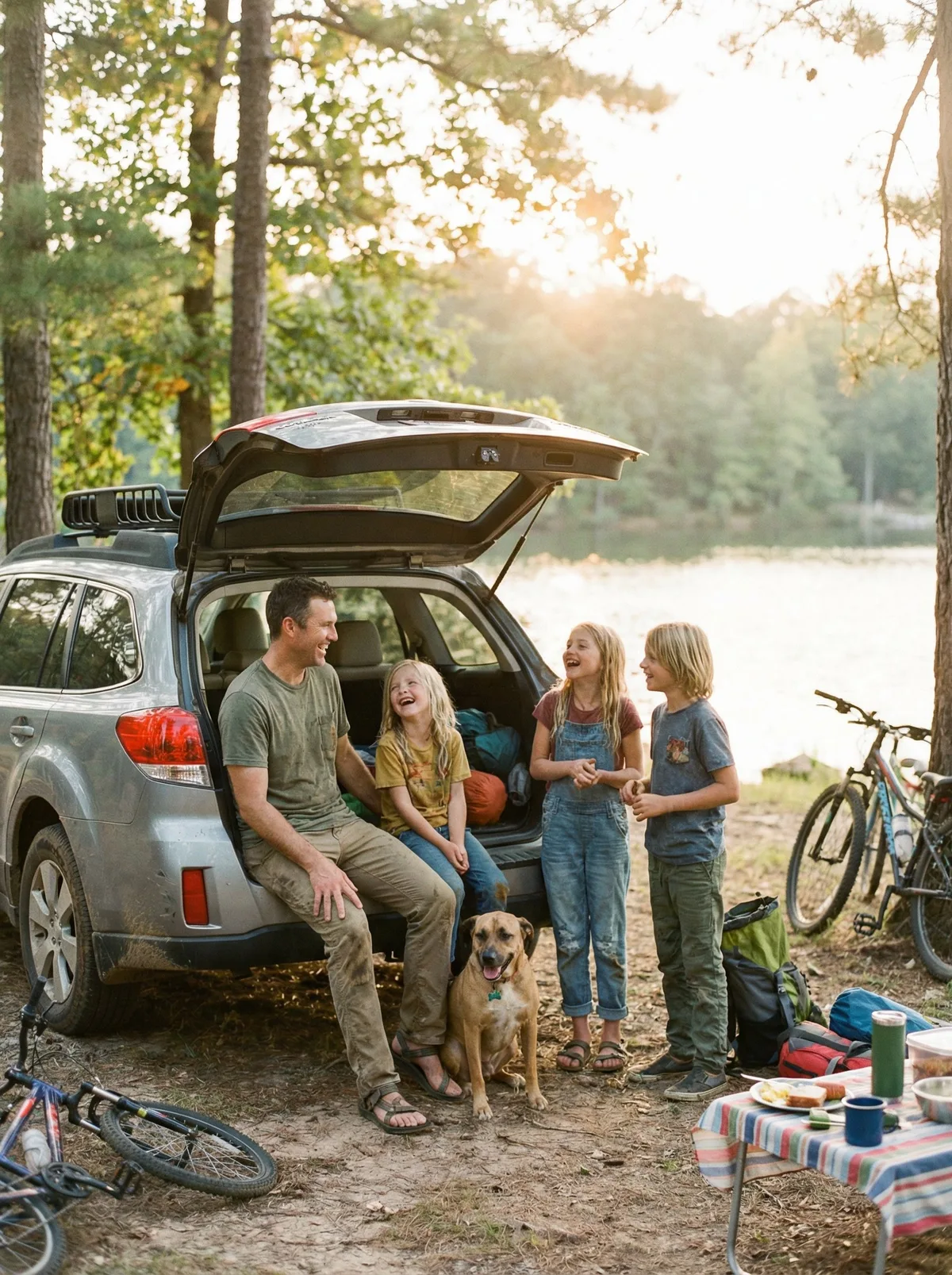 Семья возле минивэна на выходных
