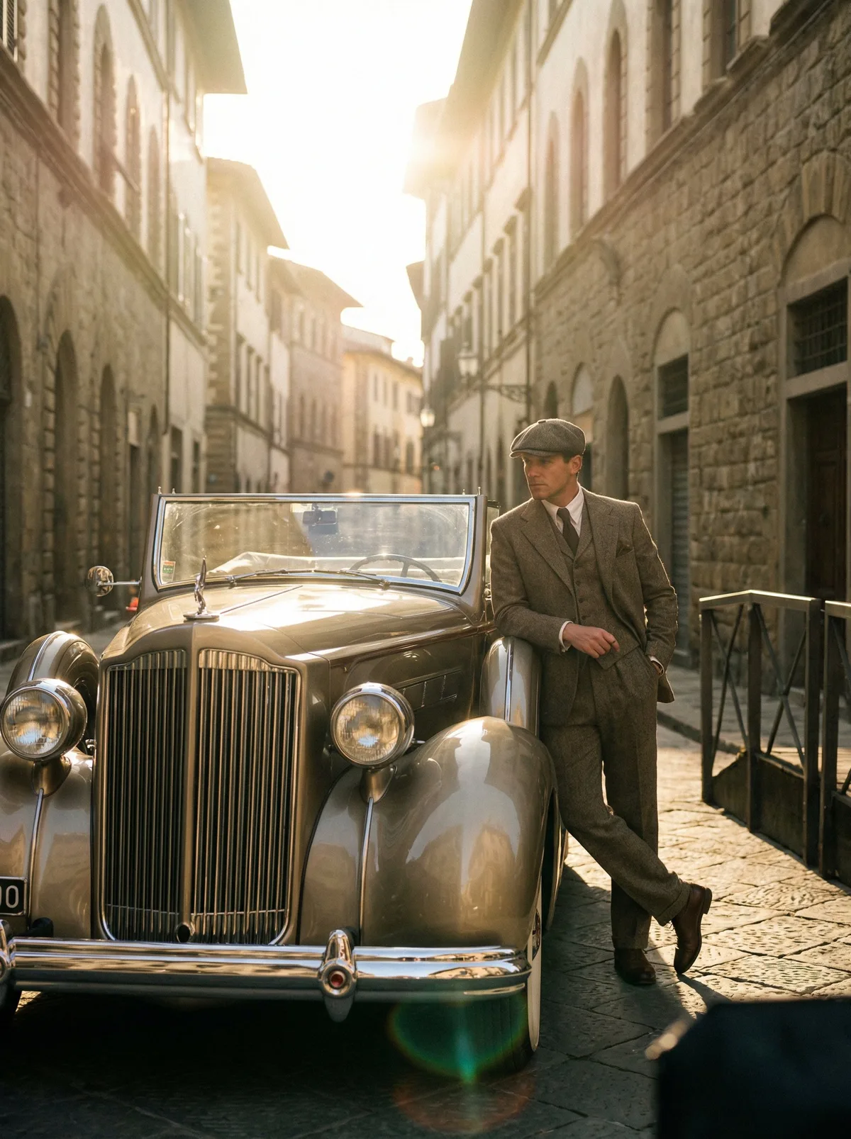 Мужчина с ретро-автомобилем на улице