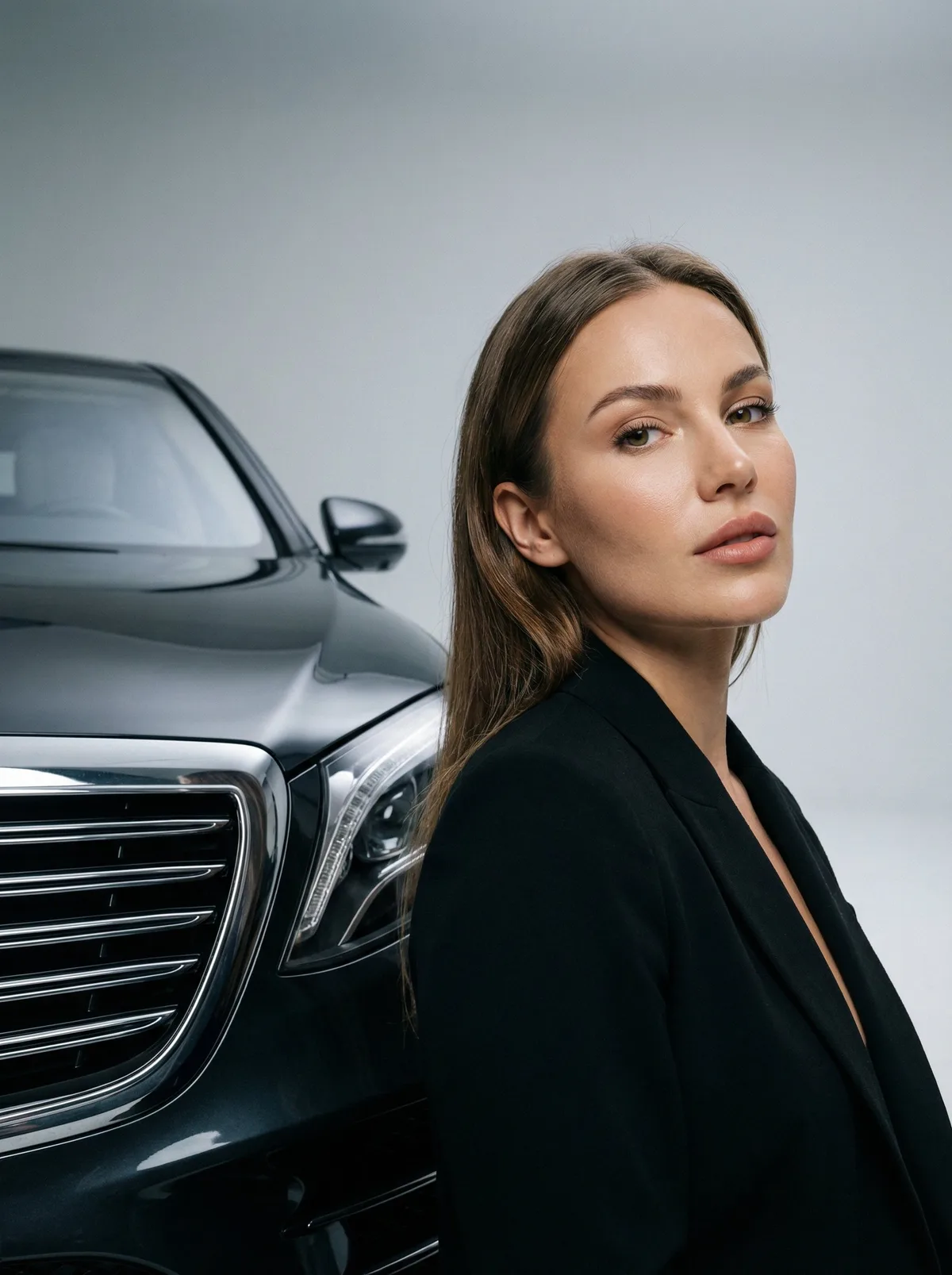 Женщина с люксовым седаном в студии