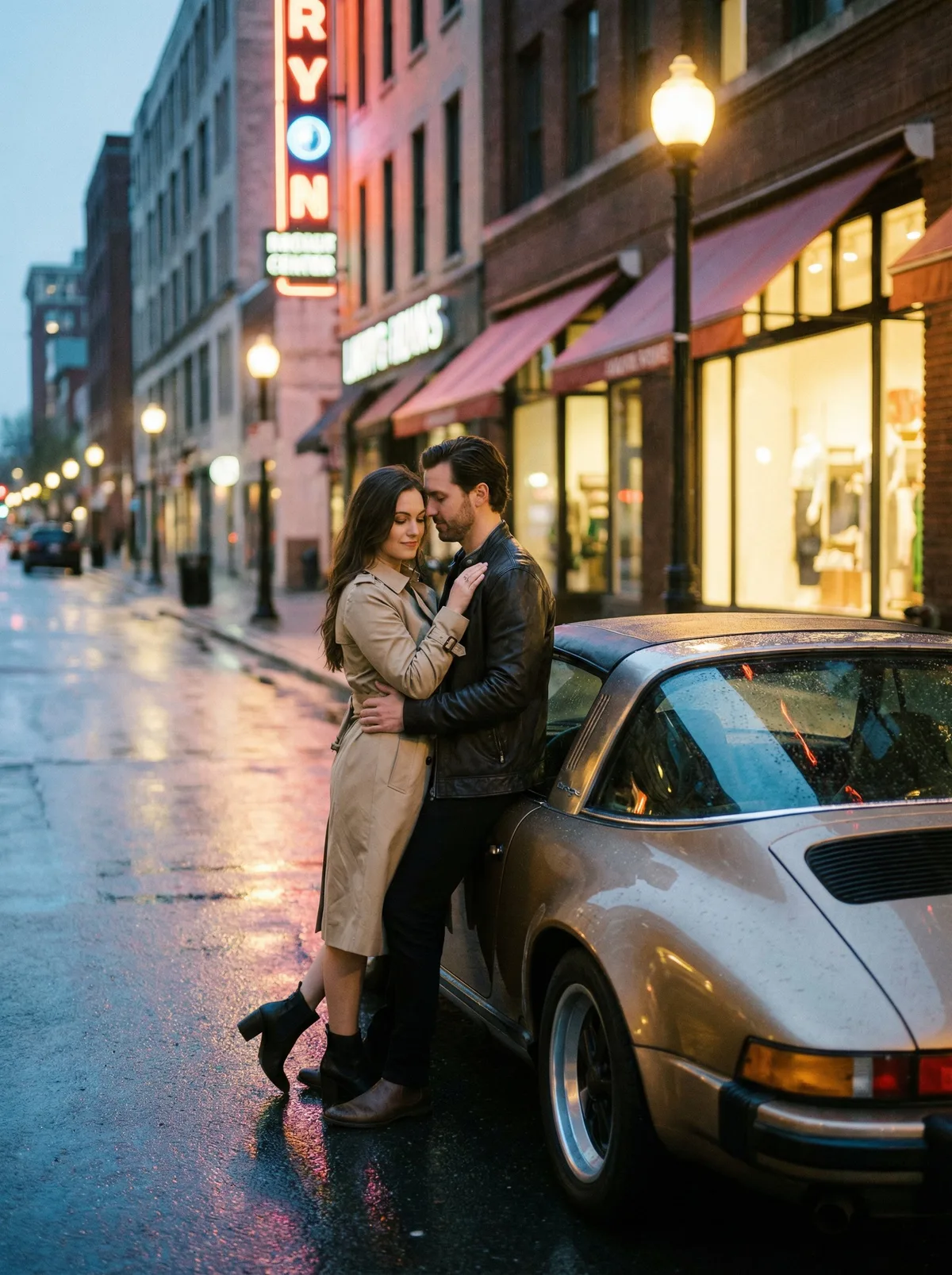 Пара у спортивного автомобиля на вечерней улице