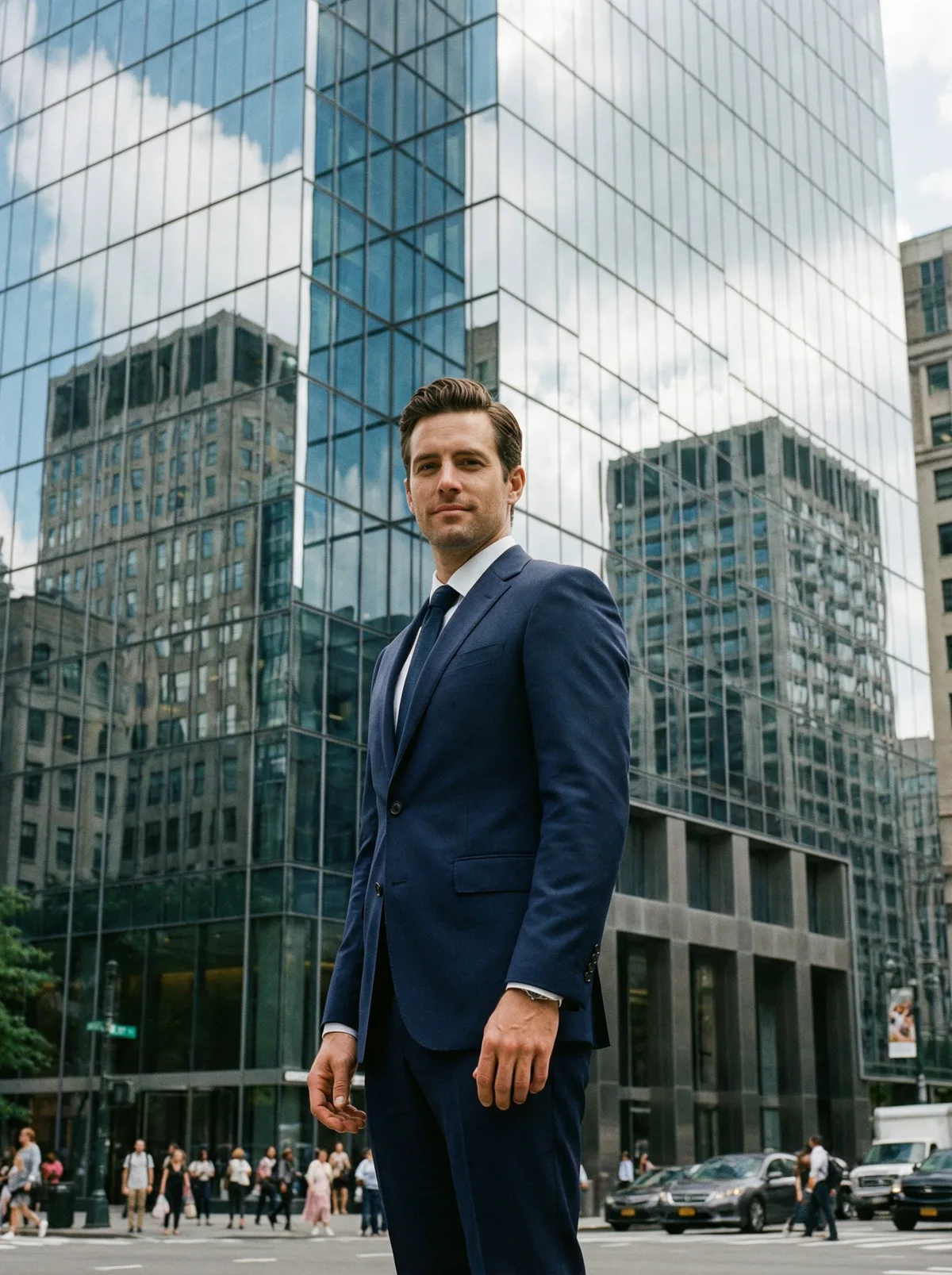 Мужчина в деловом костюме на фоне современного небоскреба