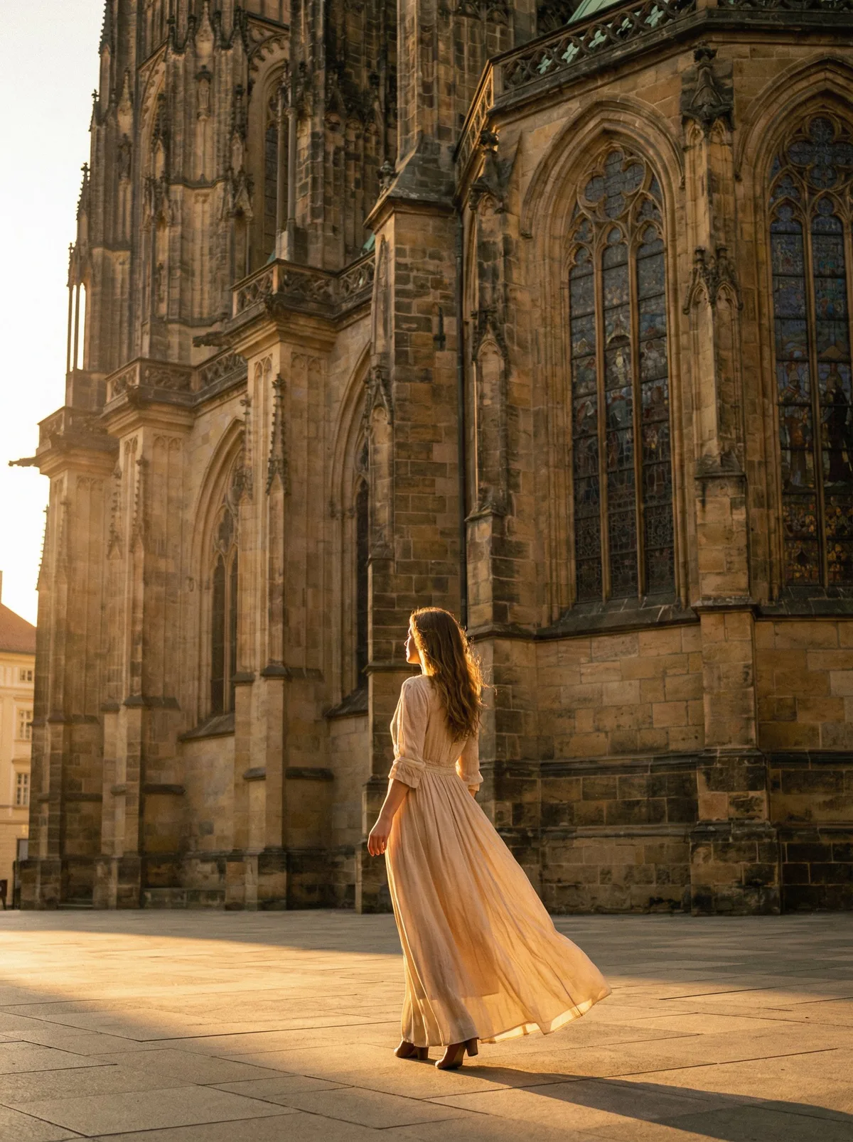 Девушка в платье на фоне исторического собора