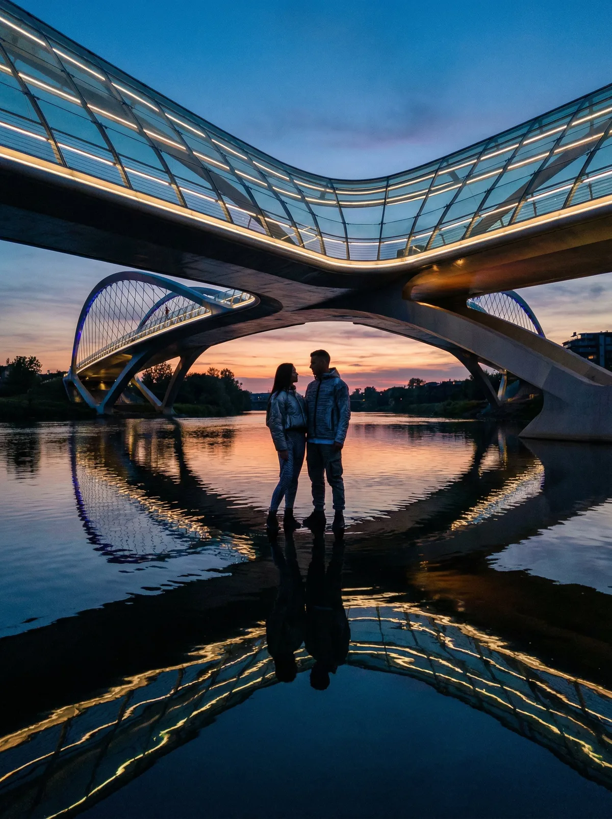 Пара на фоне футуристического моста