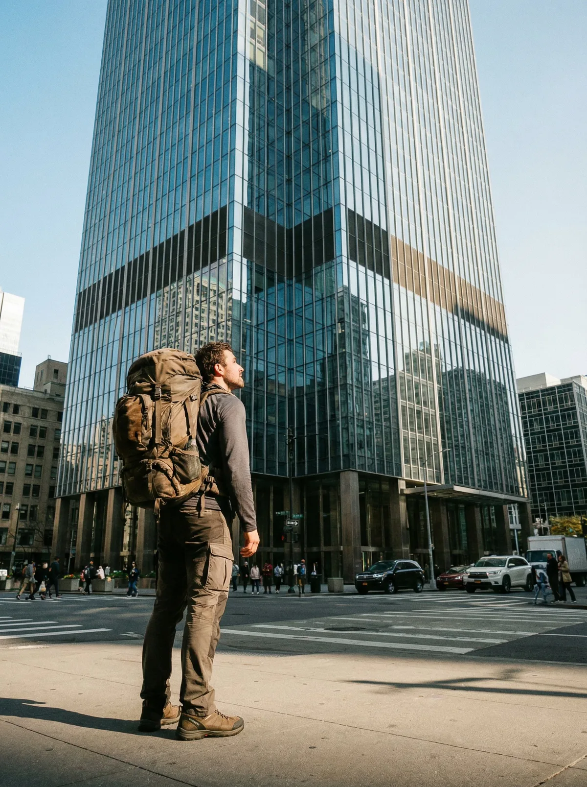 Мужчина с рюкзаком на фоне современного небоскреба