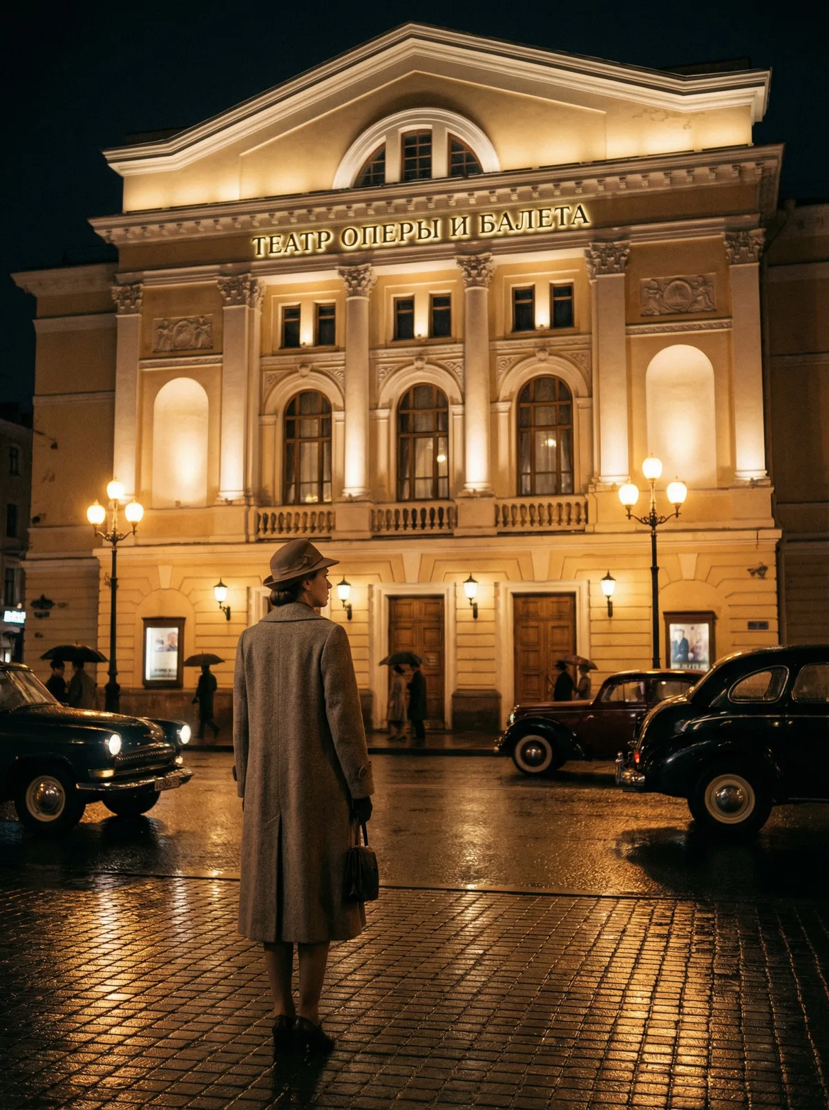 Женщина на фоне старого театра с подсветкой