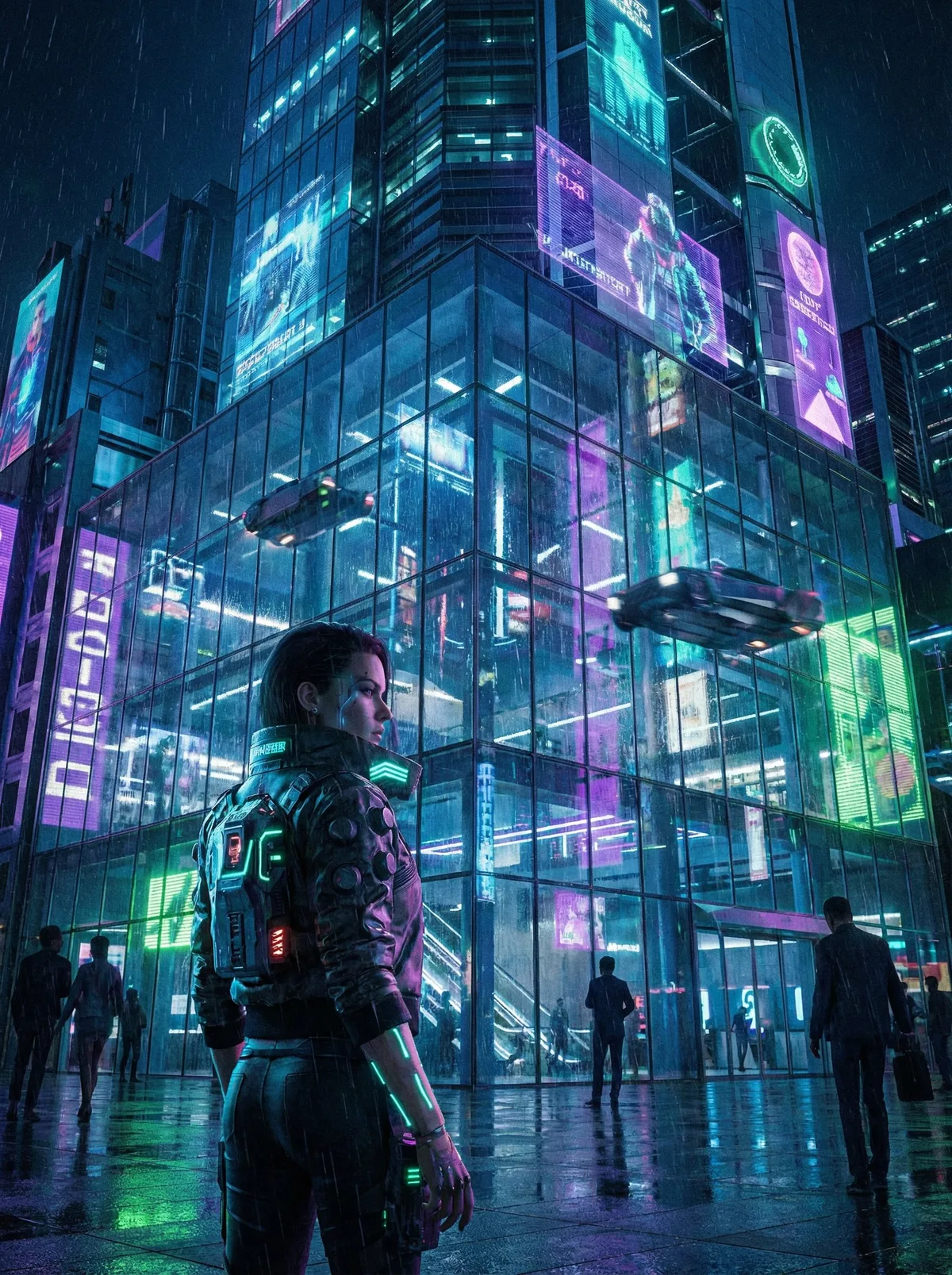 Девушка стоит у футуристического здания с неоновыми огнями