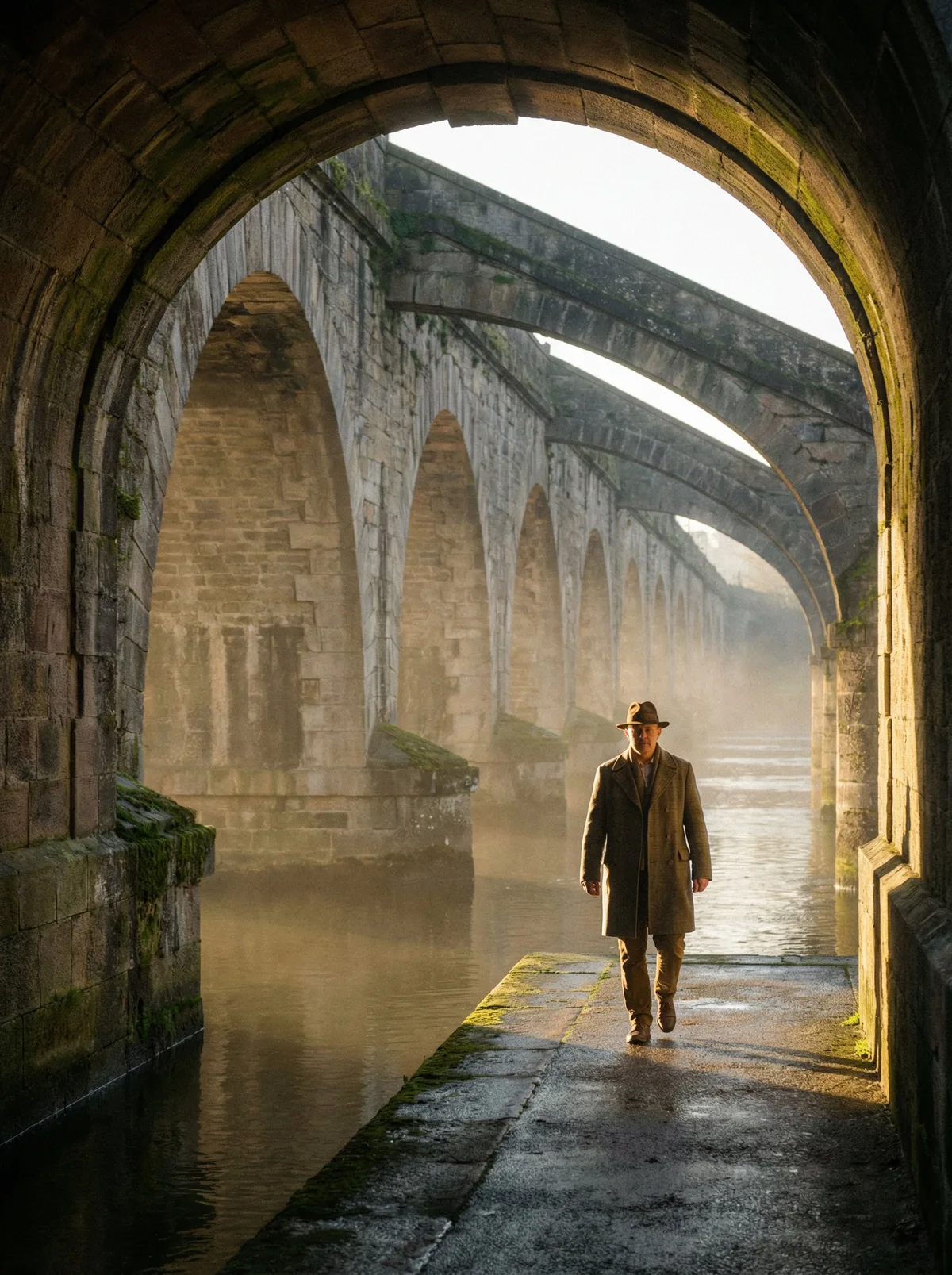 Мужчина на мосту с архитектурными арками