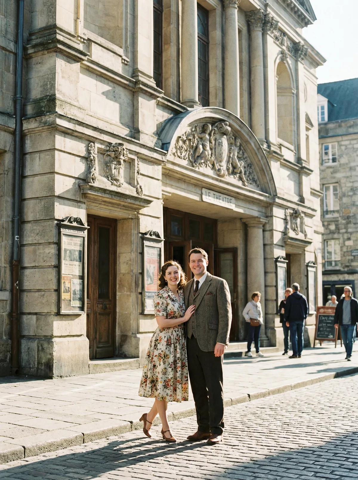 Пара с улыбками возле исторического театра