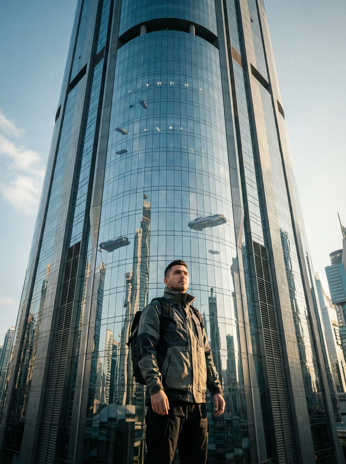 Мужчина у футуристического небоскреба с отражениями