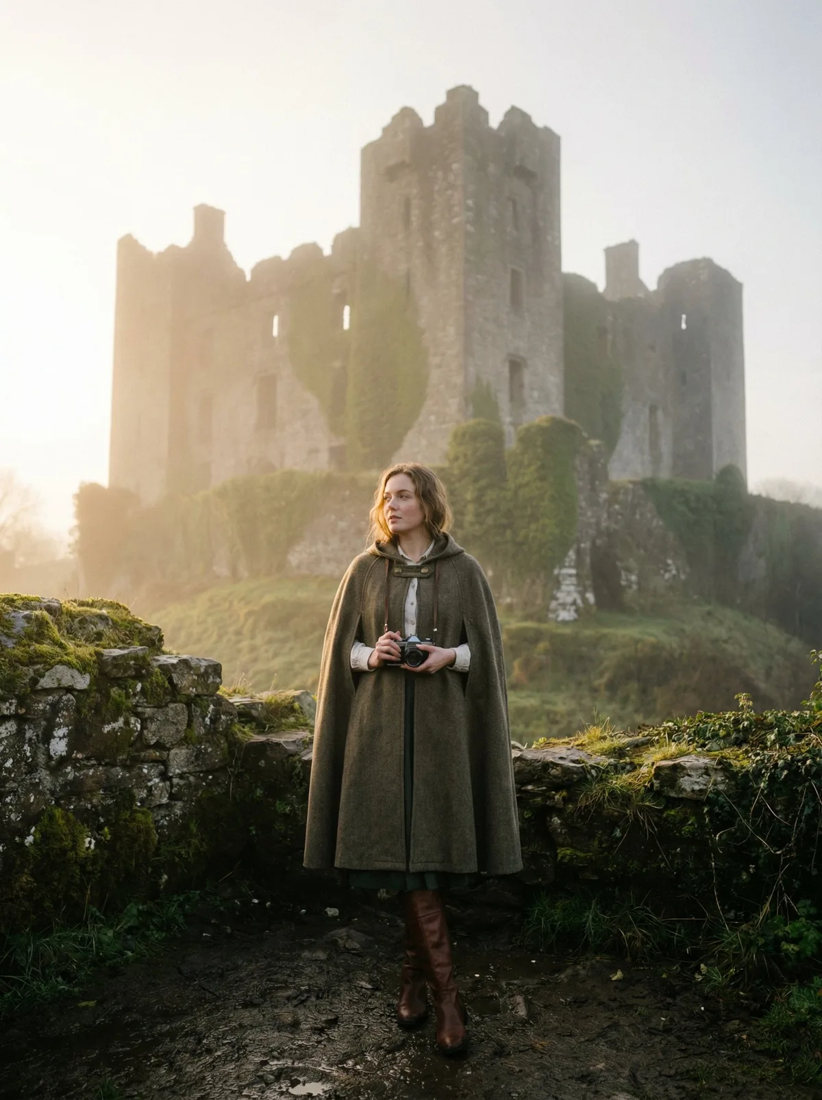 Женщина на фоне старинного замка в туманном утре