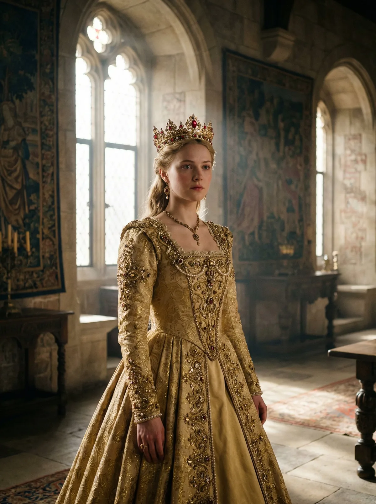 Принцесса в роскошном золотом платье в замке