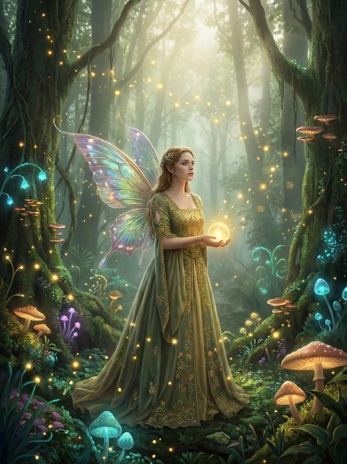 Фэнтезийная принцесса с крыльями в волшебном лесу