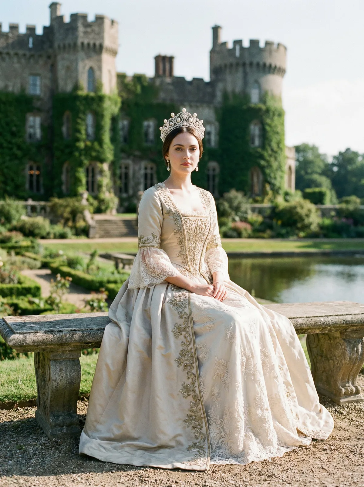 Принцесса с жемчужной диадемой на фоне старинного замка