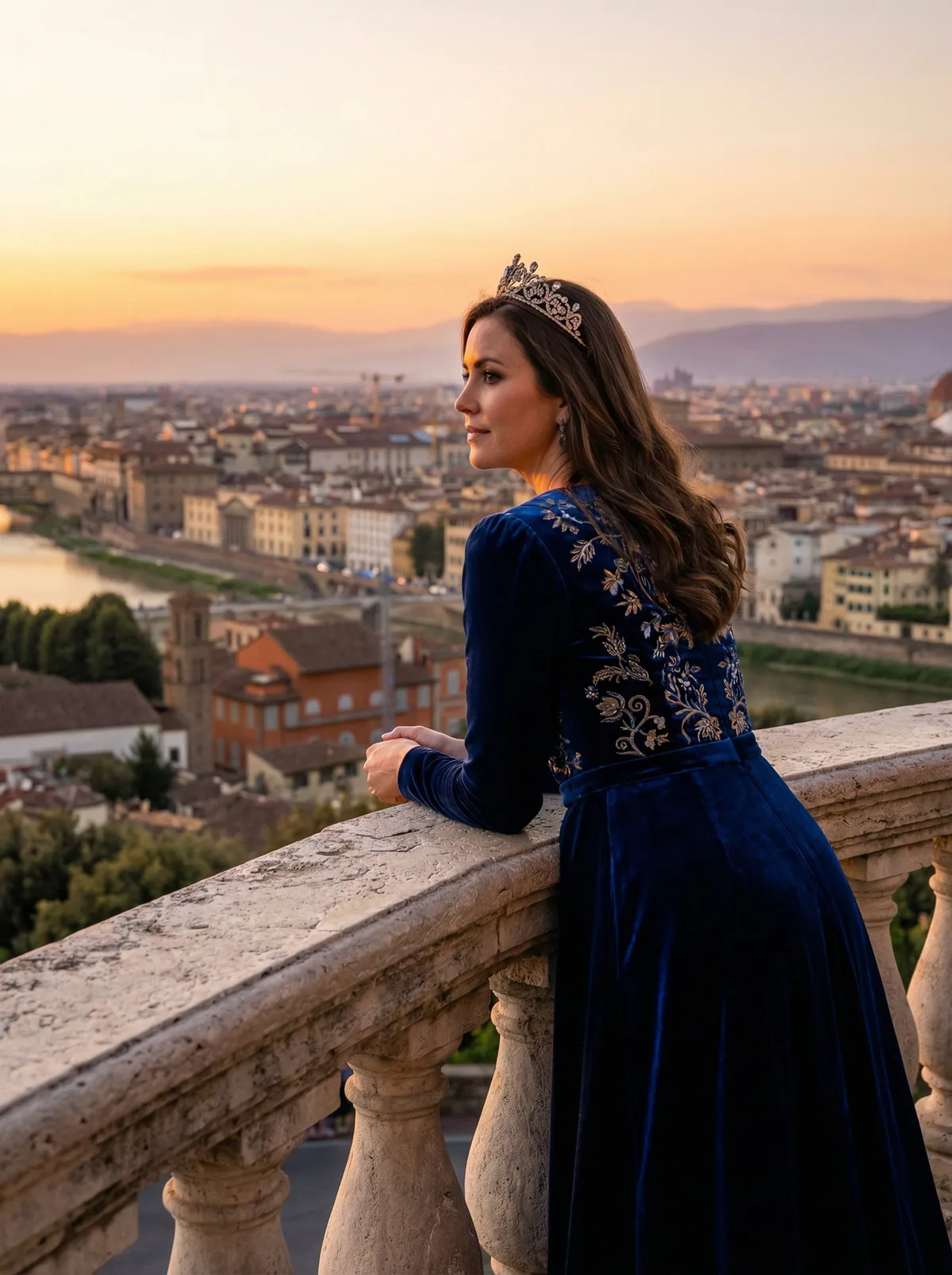 Королевская принцесса в вечернем платье на балконе с видом на город