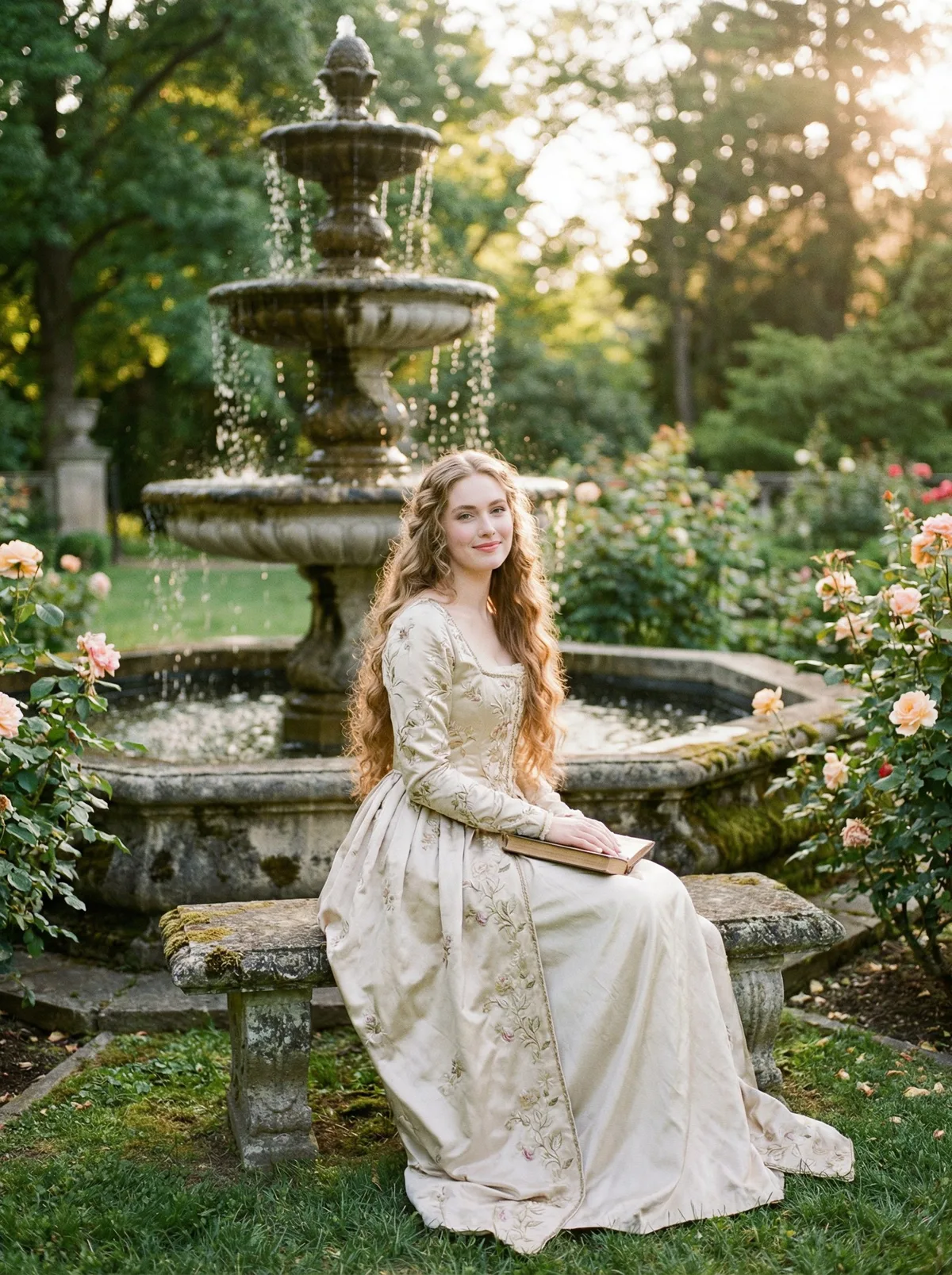 Принцесса с длинными волнистыми волосами в саду с фонтаном