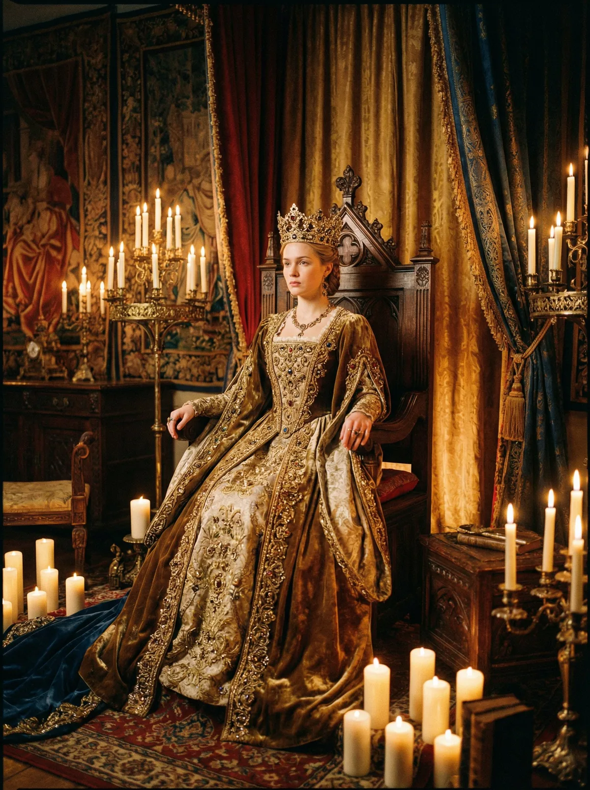 Королевская принцесса на троне с роскошной золотой короной и драпировкой