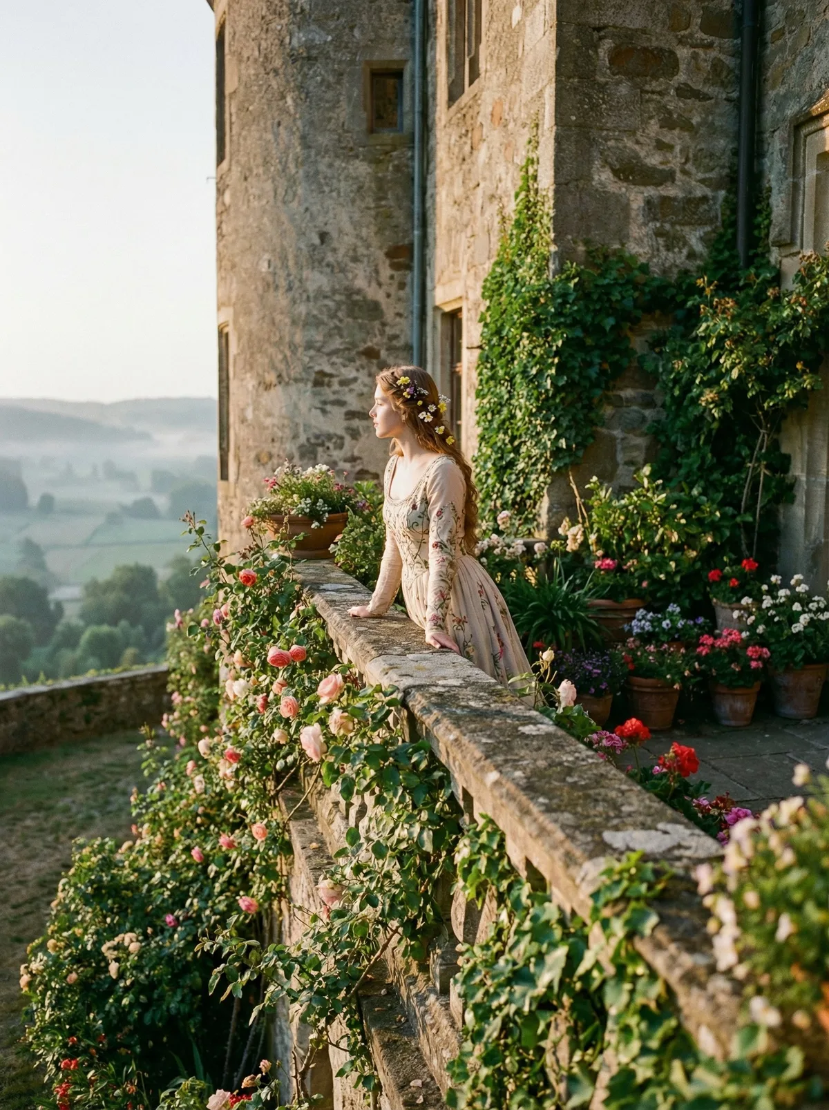 Молодая принцесса на балконе замка с цветами