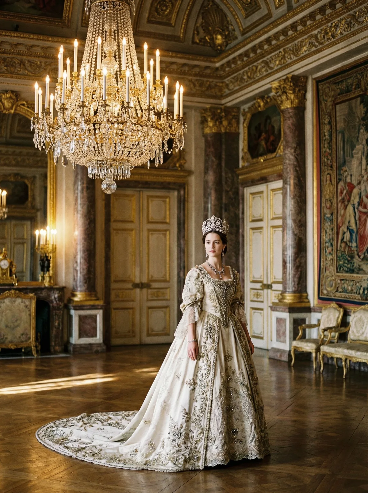 Принцесса с серебряной диадемой и роскошным платьем в зале дворца