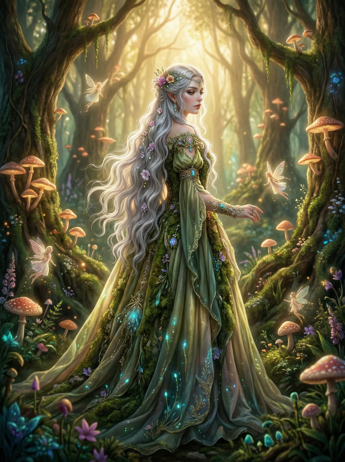 Фэнтезийная принцесса с длинными серебряными волосами на фоне волшебн...