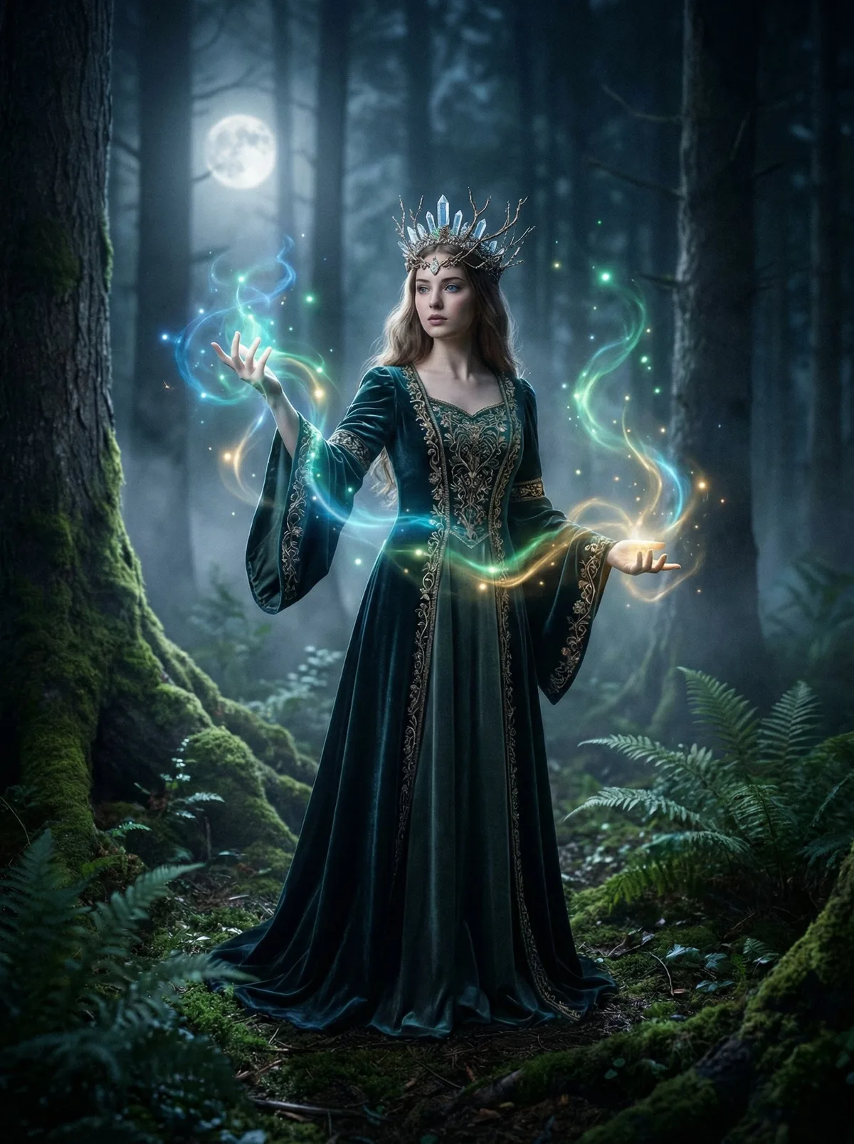 Фэнтезийная принцесса с магическими огнями вокруг