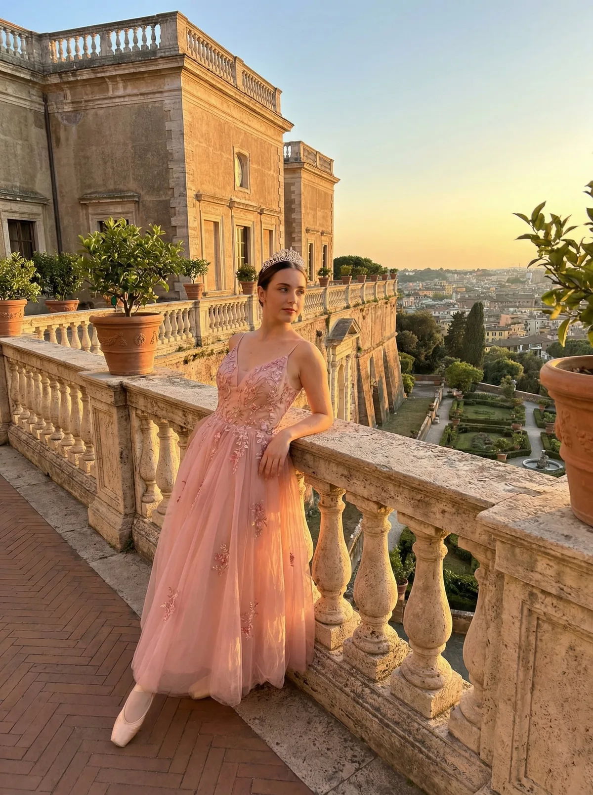 Принцесса в розовом балетном платье на балконе дворца