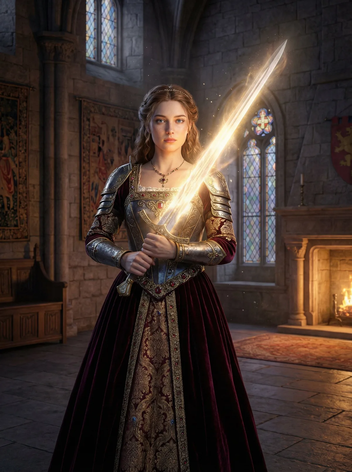 Фэнтезийная принцесса с сияющим мечом в замке