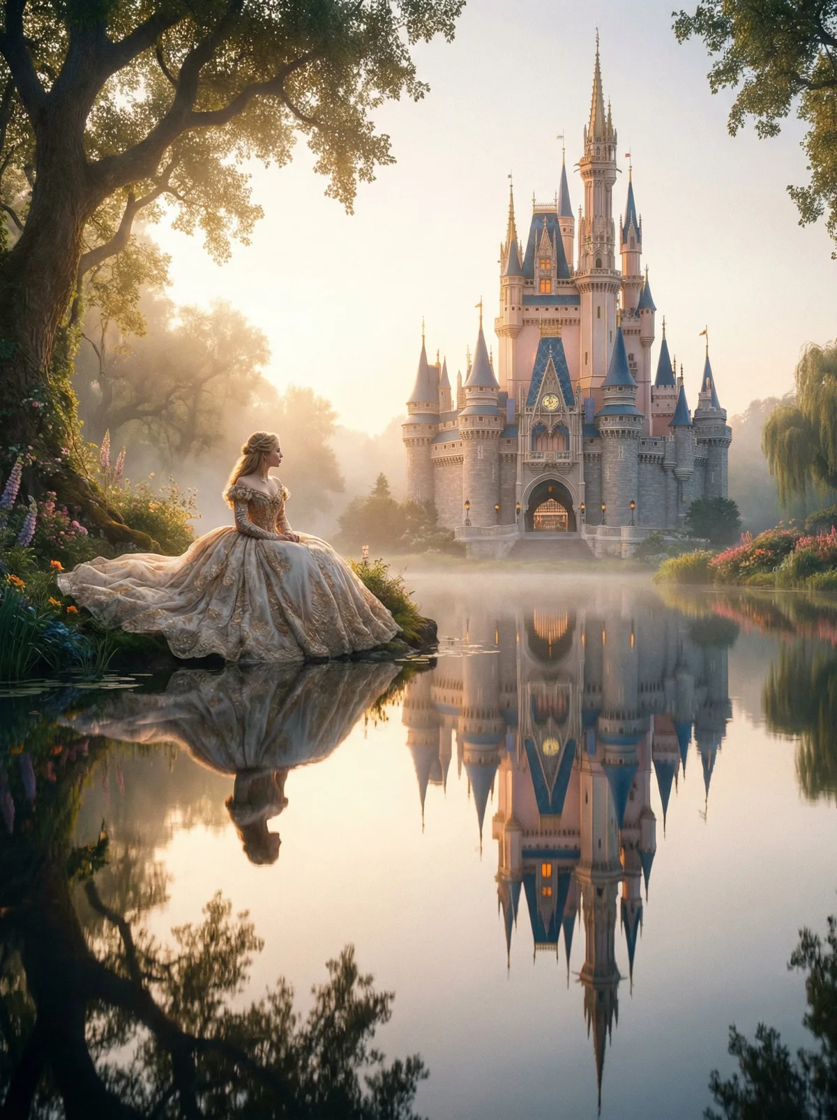Принцесса на фоне сказочного озера с отражением замка