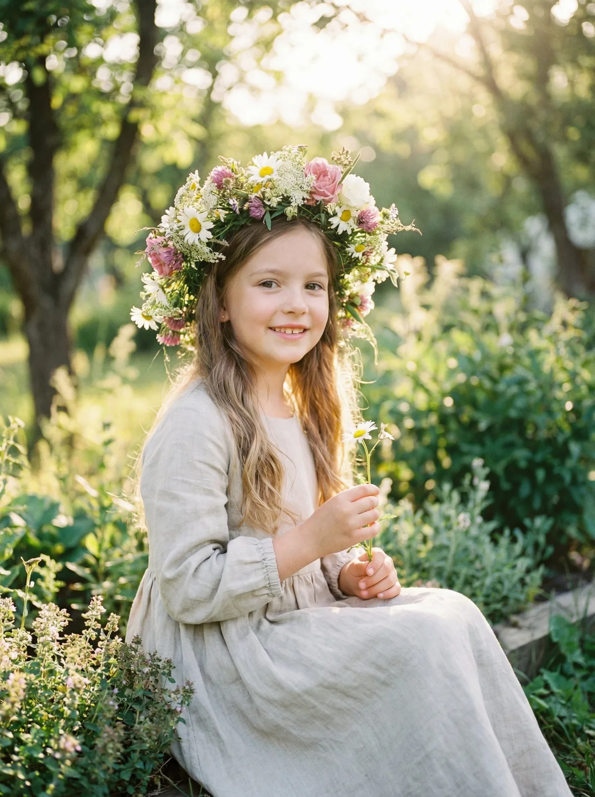 Молодая принцесса с цветочной короной в солнечном саду