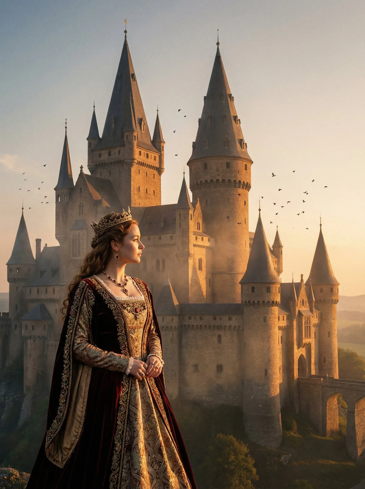 Принцесса на фоне замка с высокими башнями