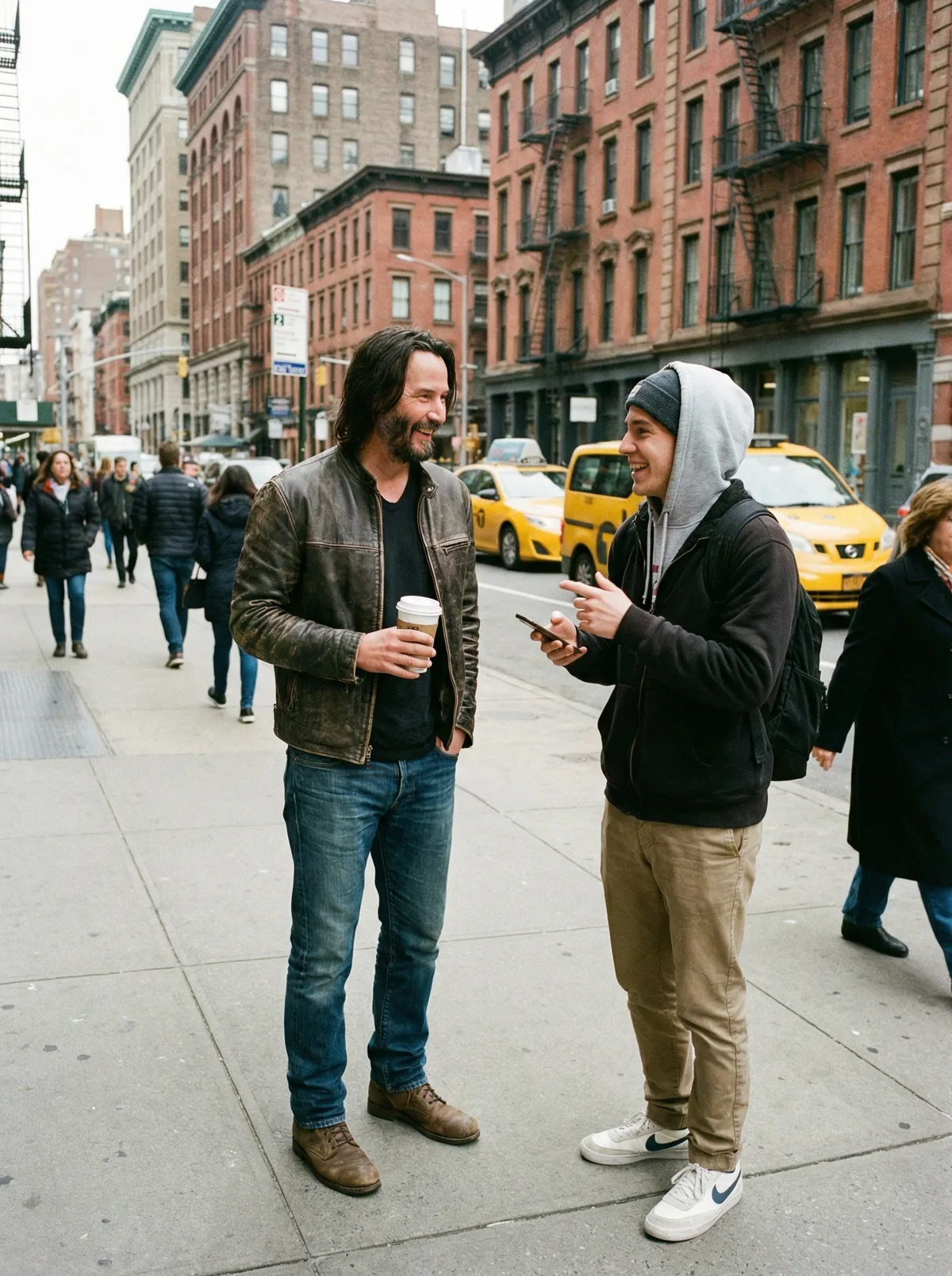 Парень рядом с Keanu Reeves на улице