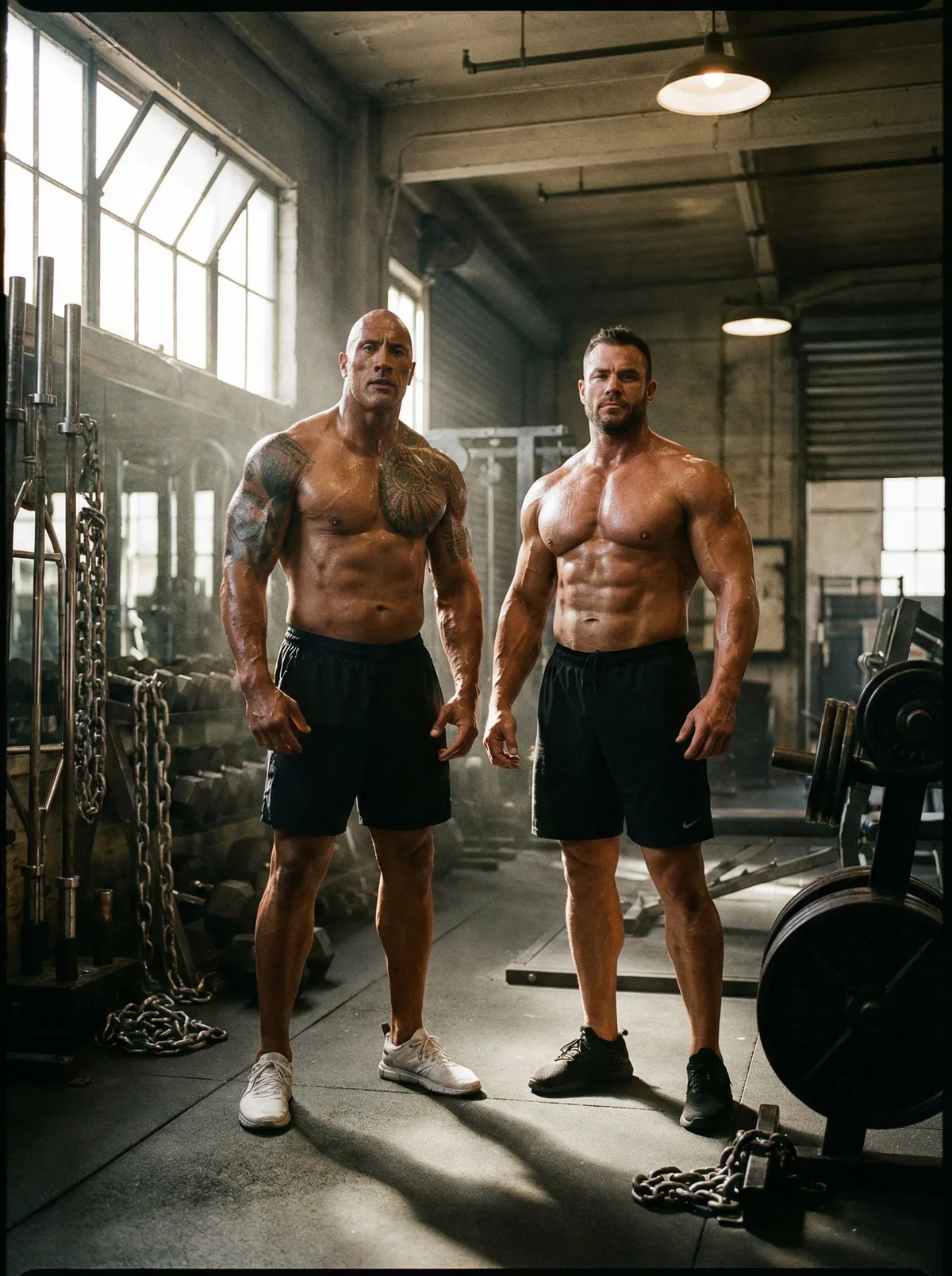 Мужчина рядом с Dwayne Johnson в спортзале