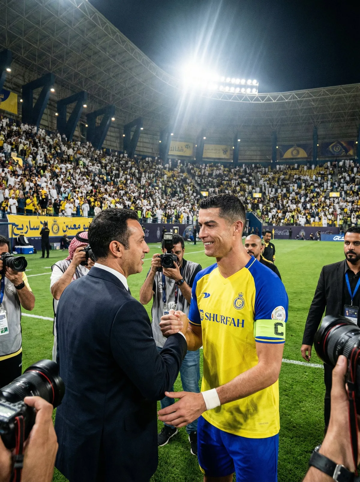 Мужчина пожимает руку Cristiano Ronaldo на стадионе