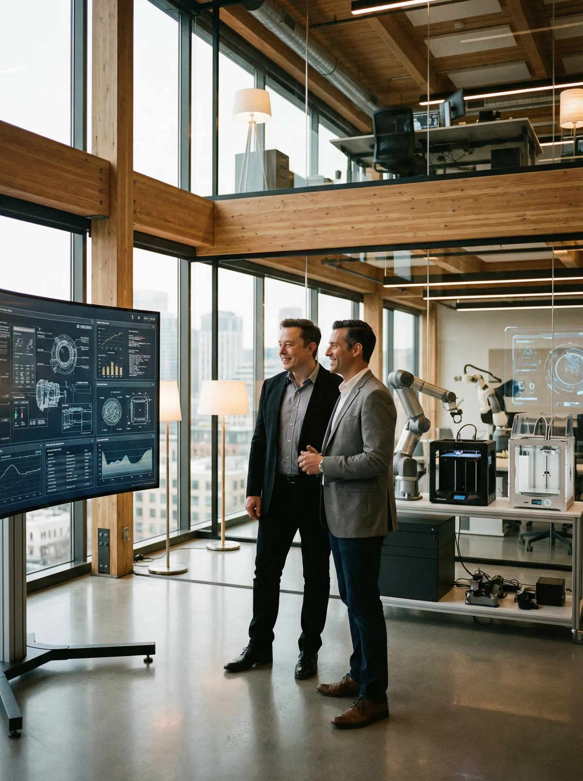 Человек рядом с Elon Musk в современном офисе