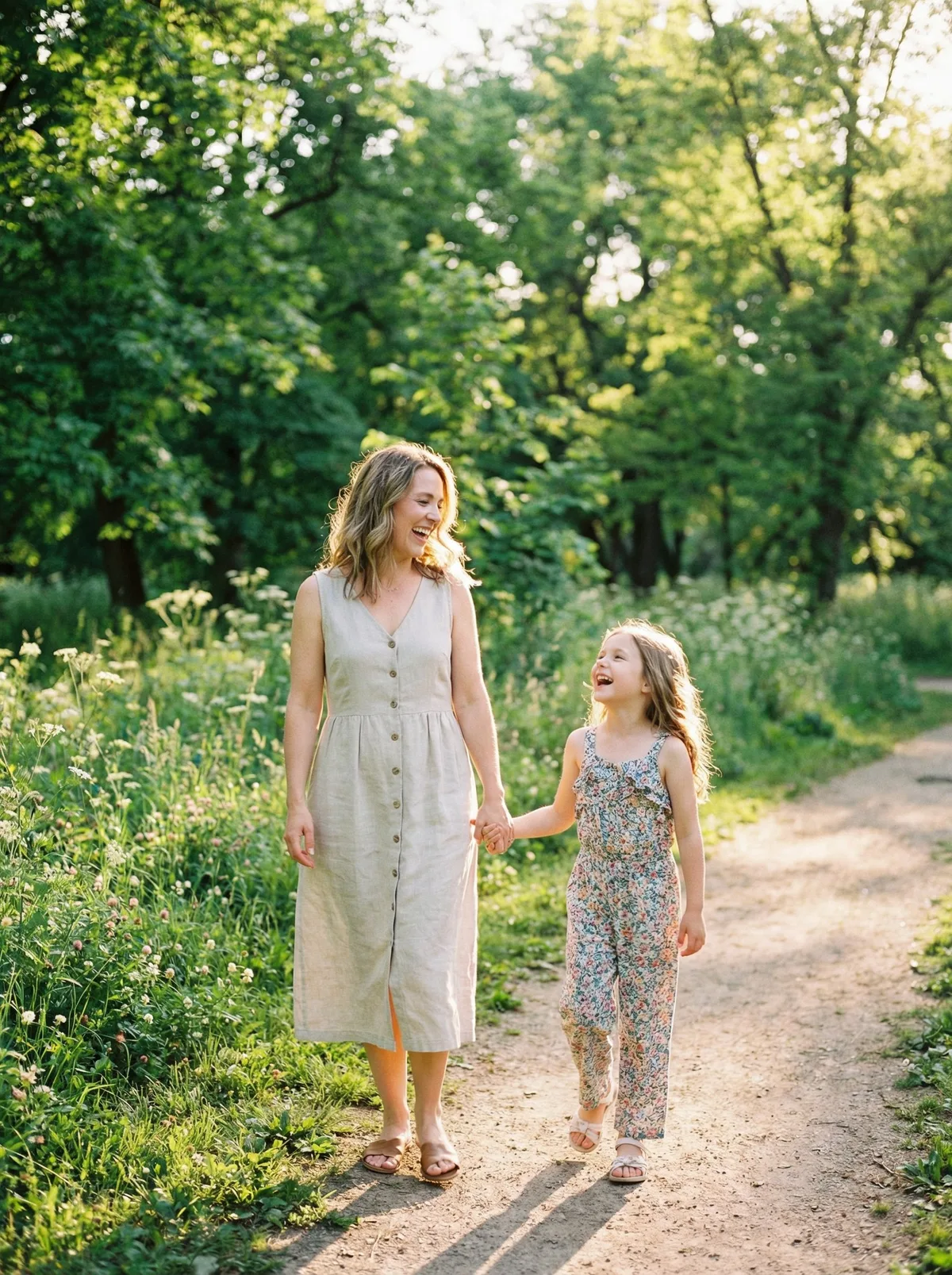 Мама и дочь гуляют в парке