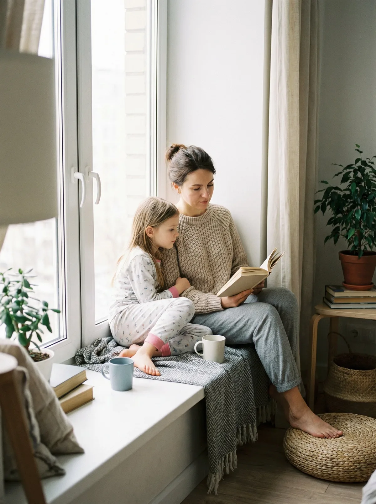 Мама и дочь сидят у окна