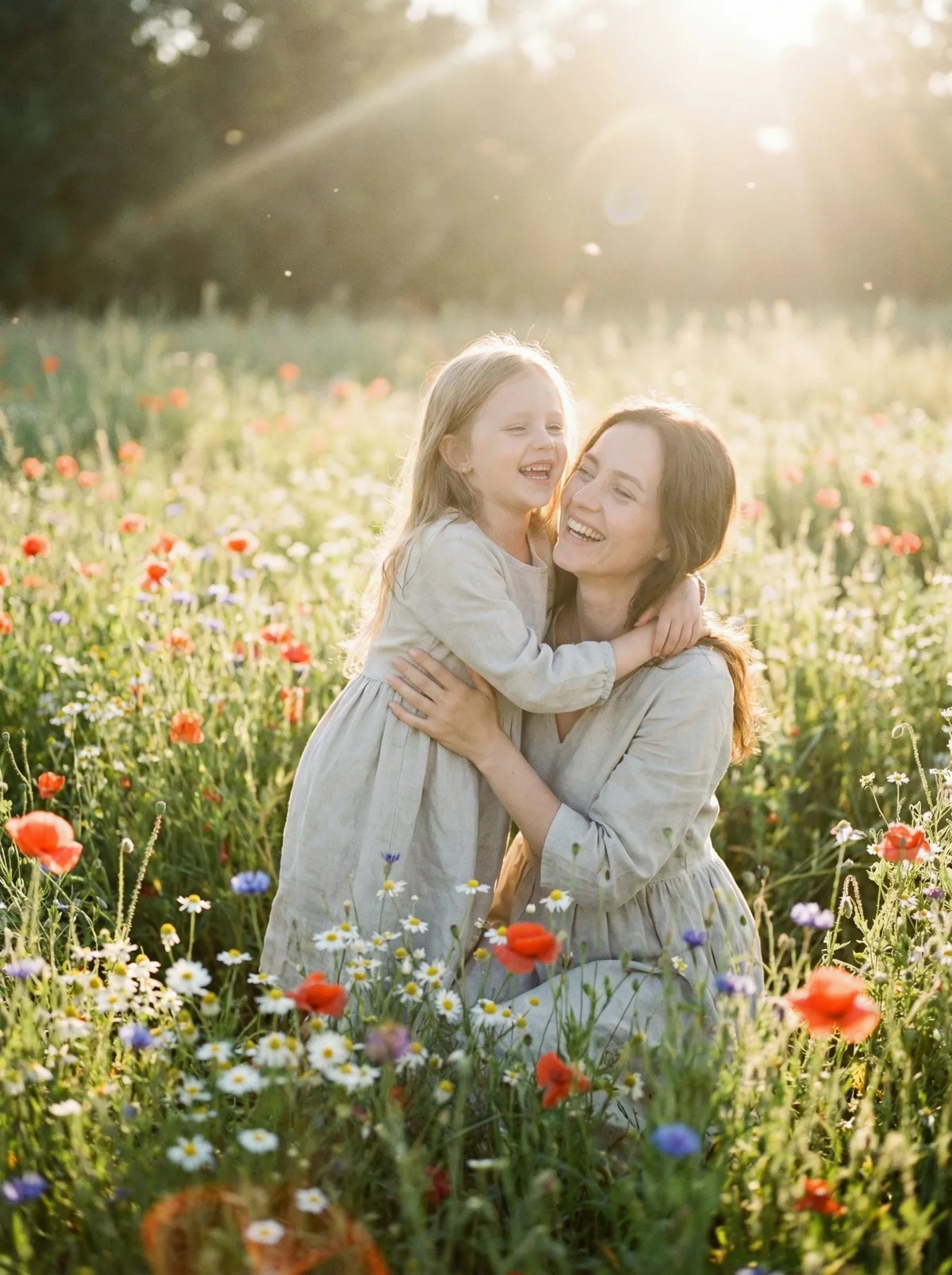 Мама и дочь в поле с цветами