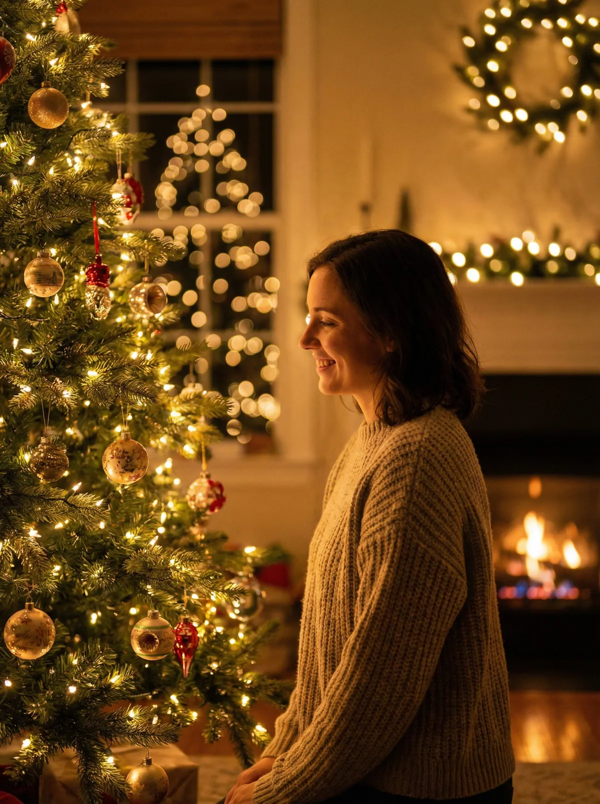 Человек у новогодней елки с гирляндами