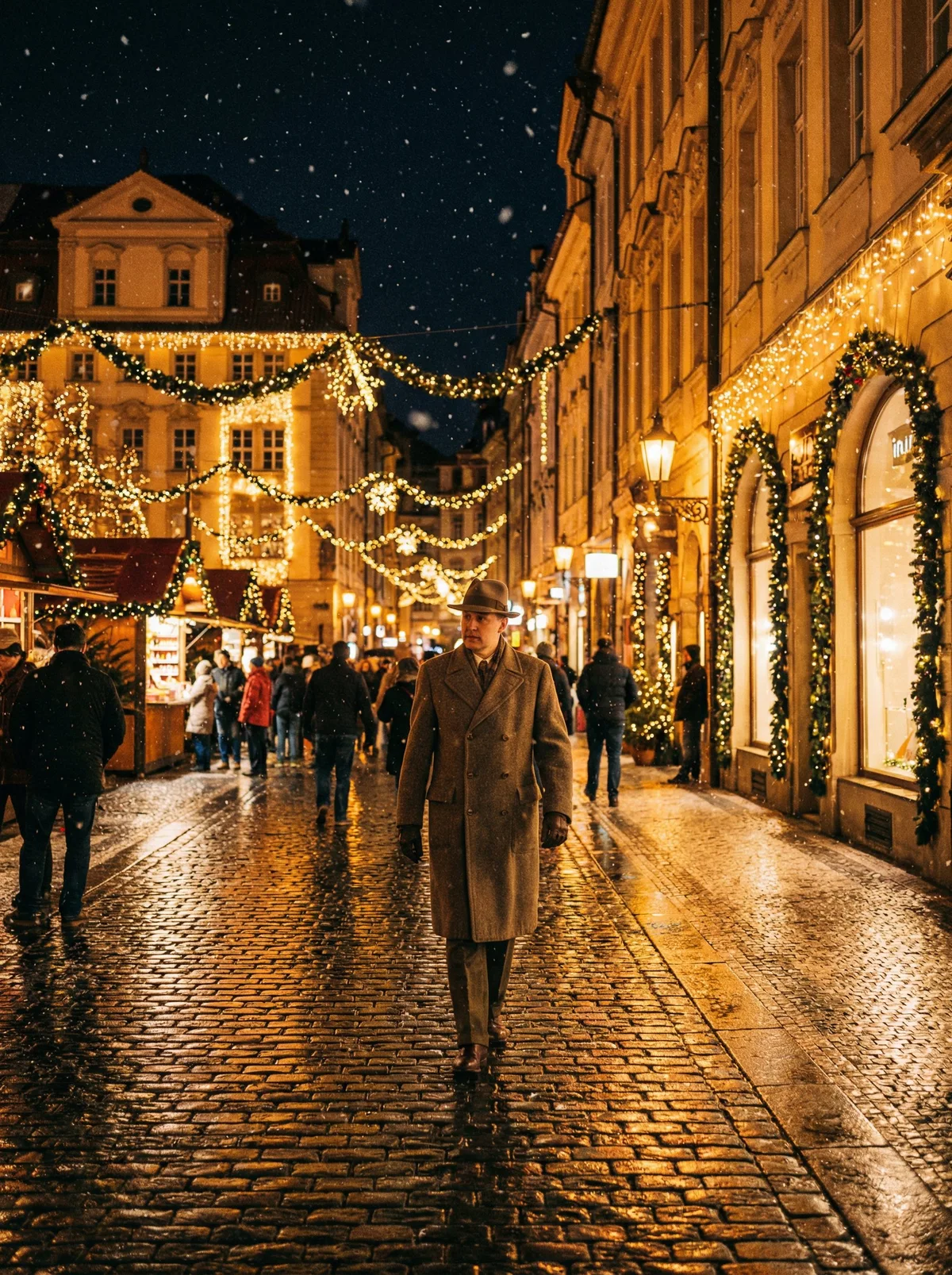 Человек на фоне украшенной улицы