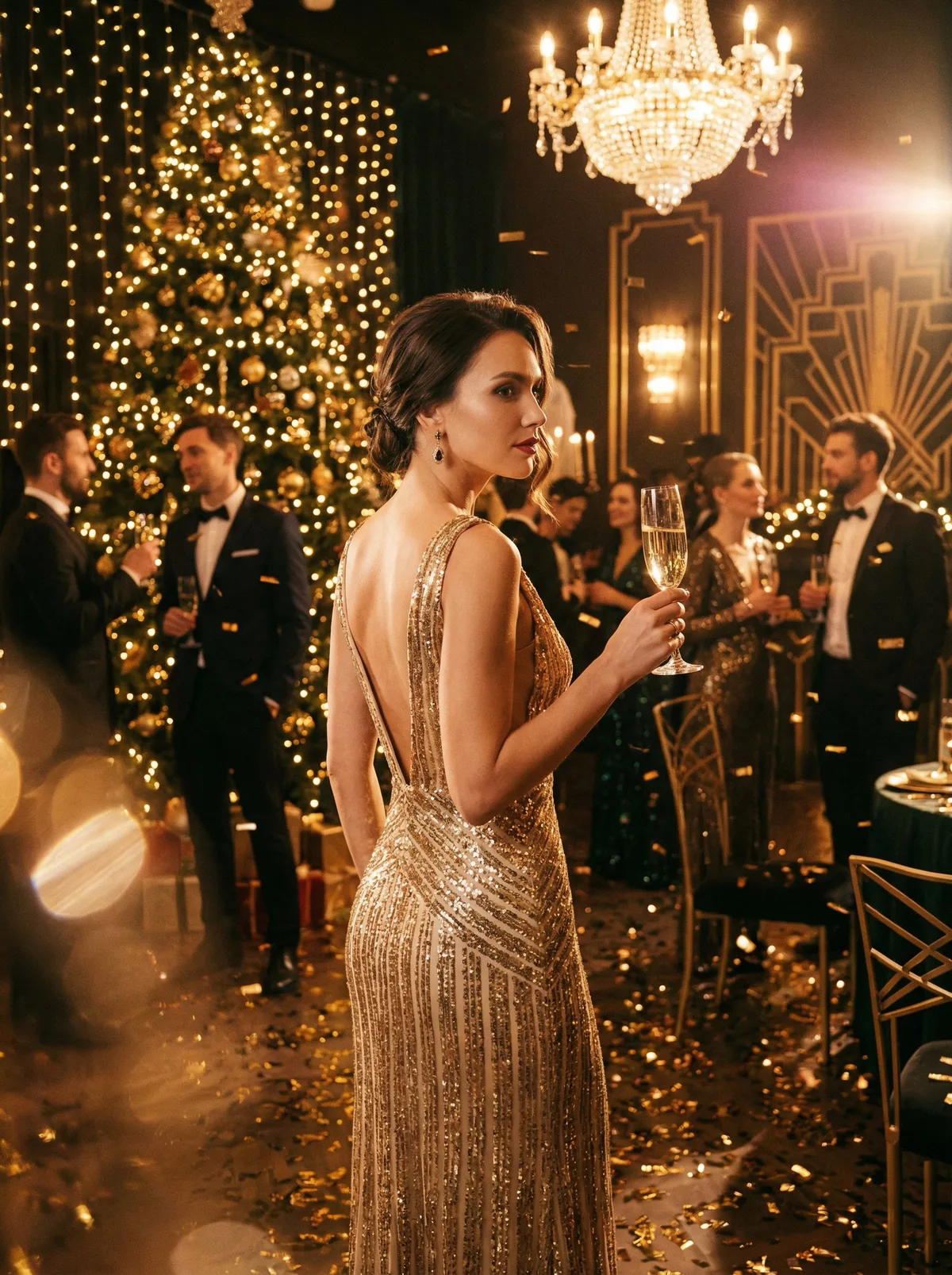 Девушка в вечернем платье на новогодней вечеринке