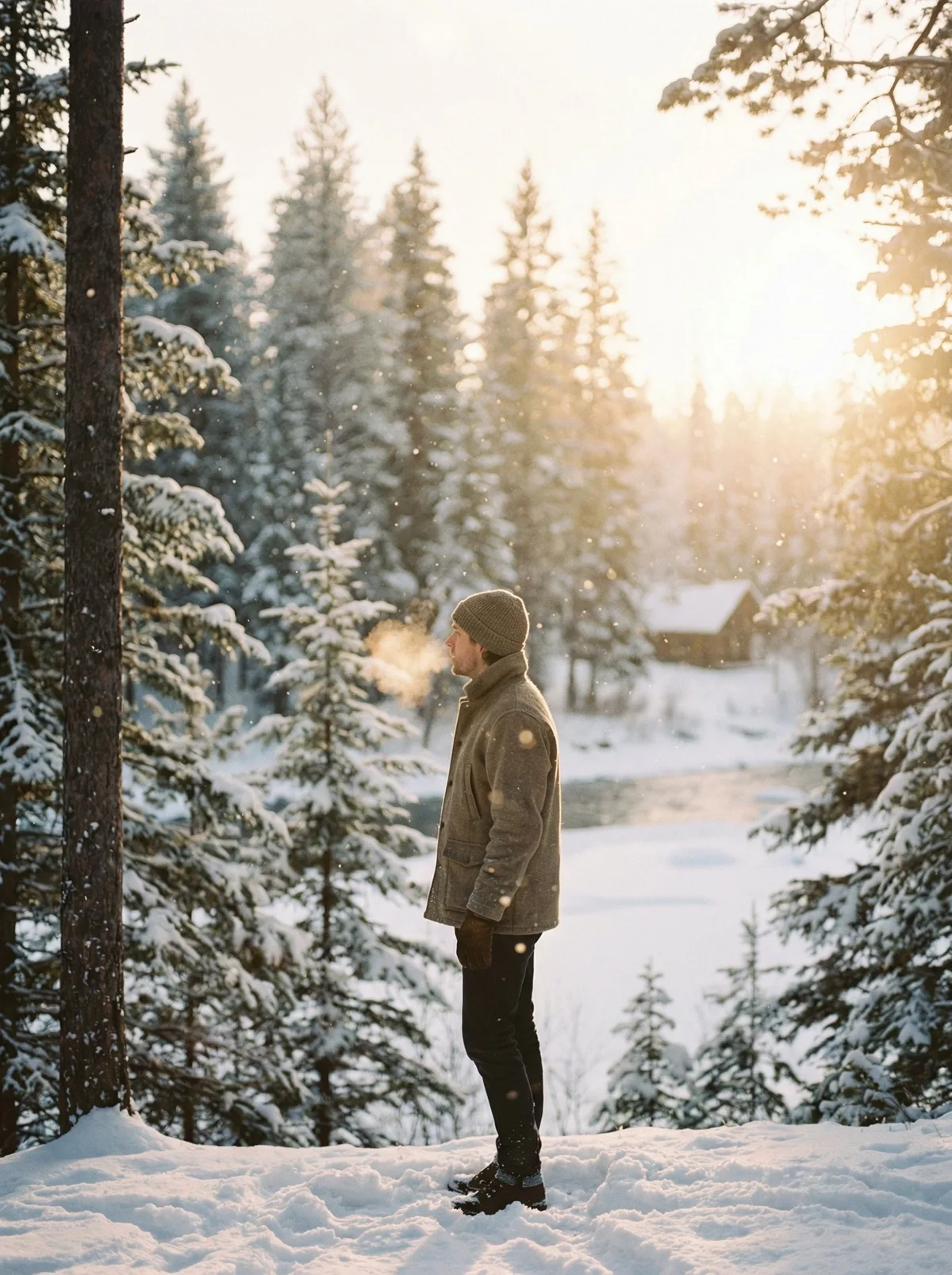 Человек на фоне заснеженного леса