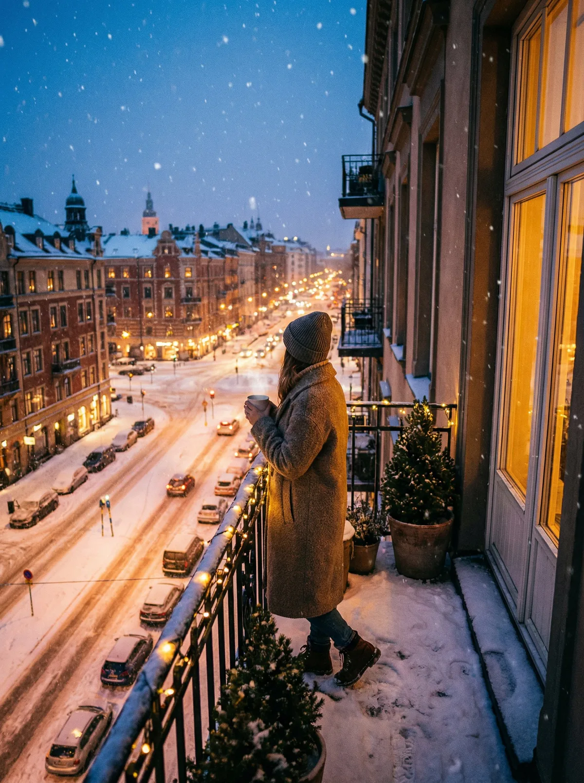 Человек на балконе с видом на зимний город