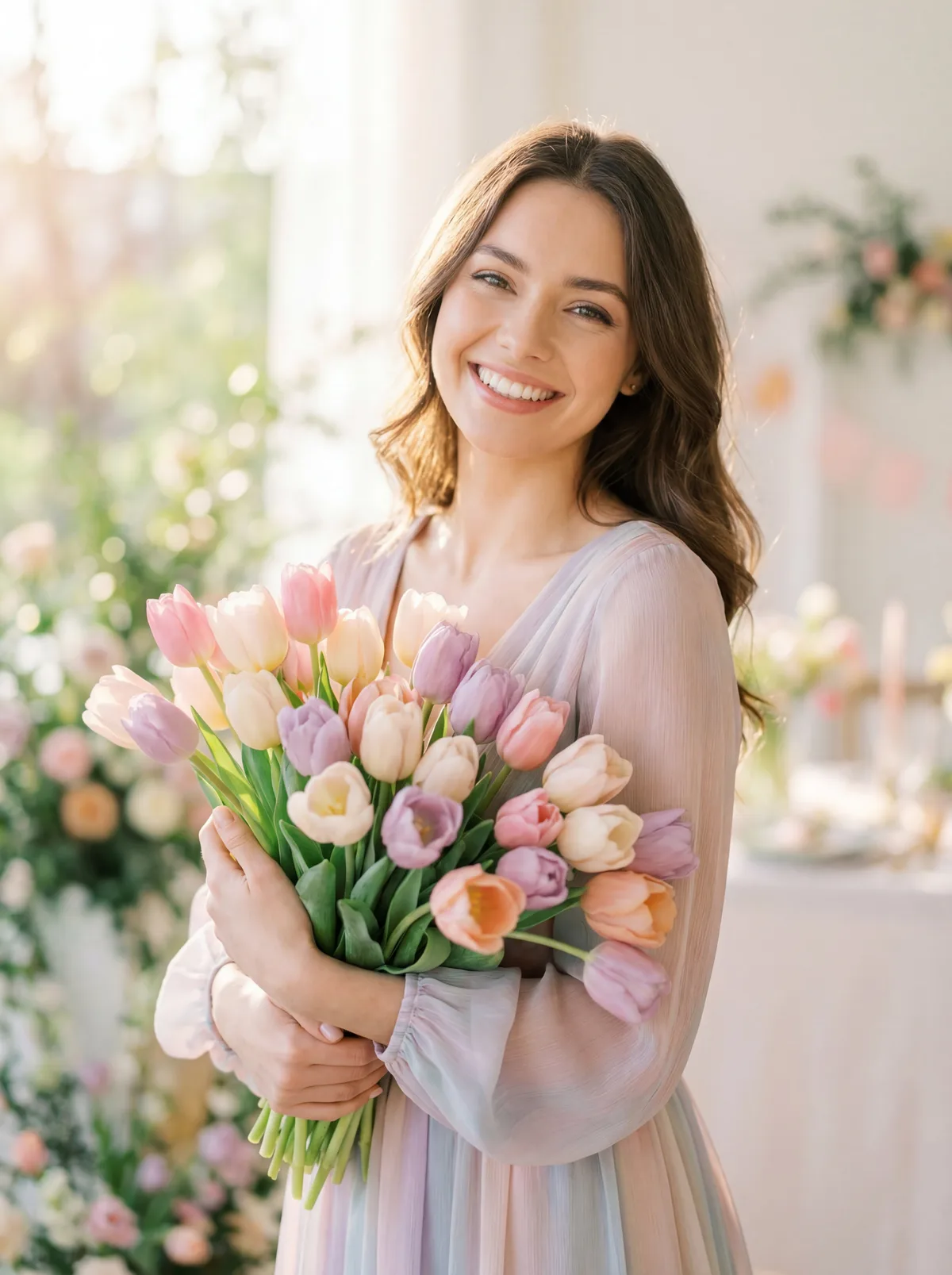 Красивая девушка с букетом тюльпанов