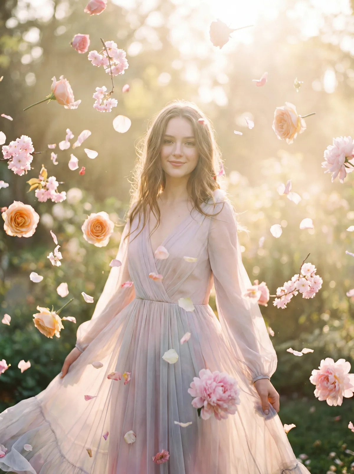 Портрет девушки крупным планом с цветами рядом с лицом