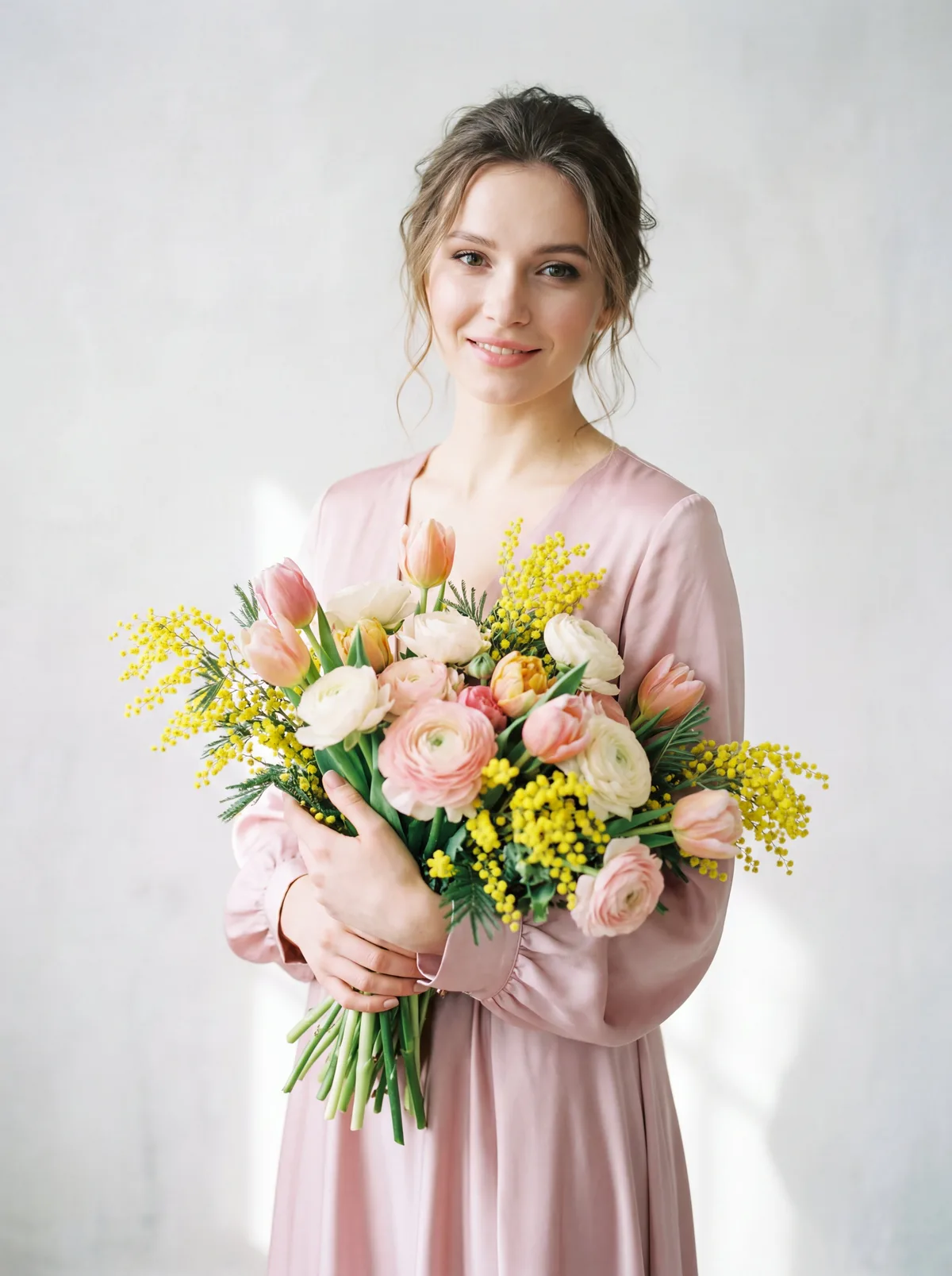Девушка в элегантном платье с букетом цветов
