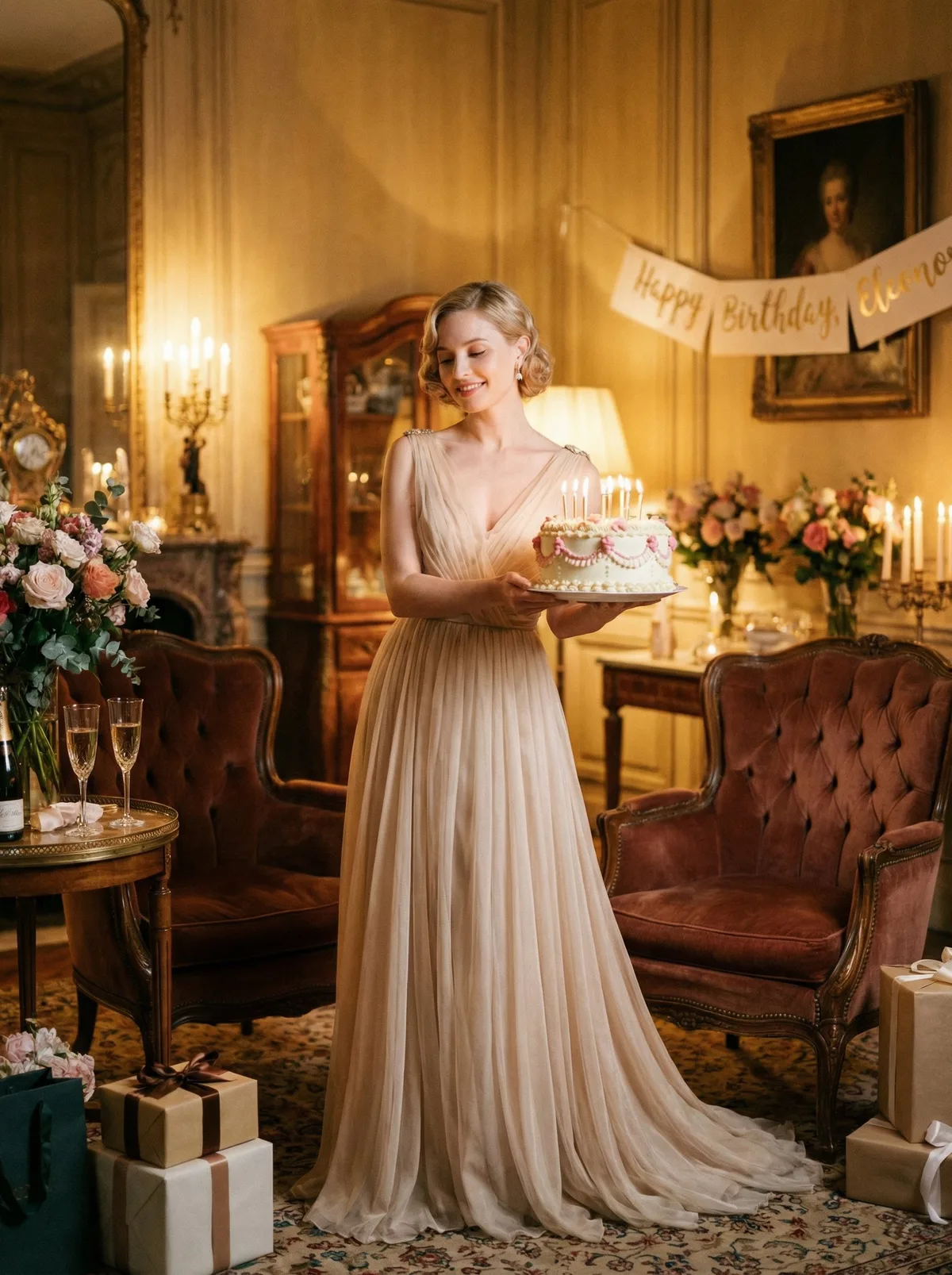 Девушка в вечернем платье с тортом